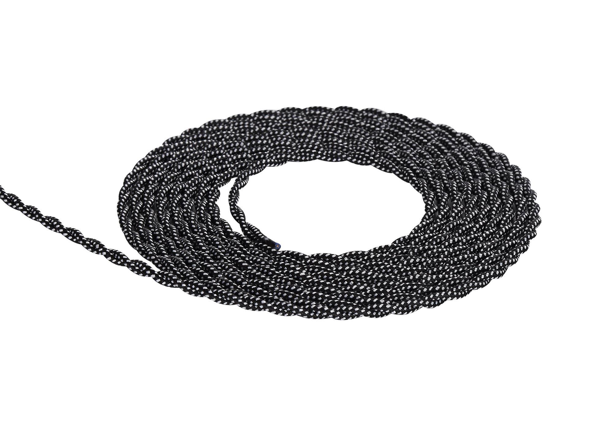 Cavo 1m Black & White Spot Braided Twisted 2 Core 0.75mm Cable VDE Approved (qty ordered will be supplied as one continuous length)