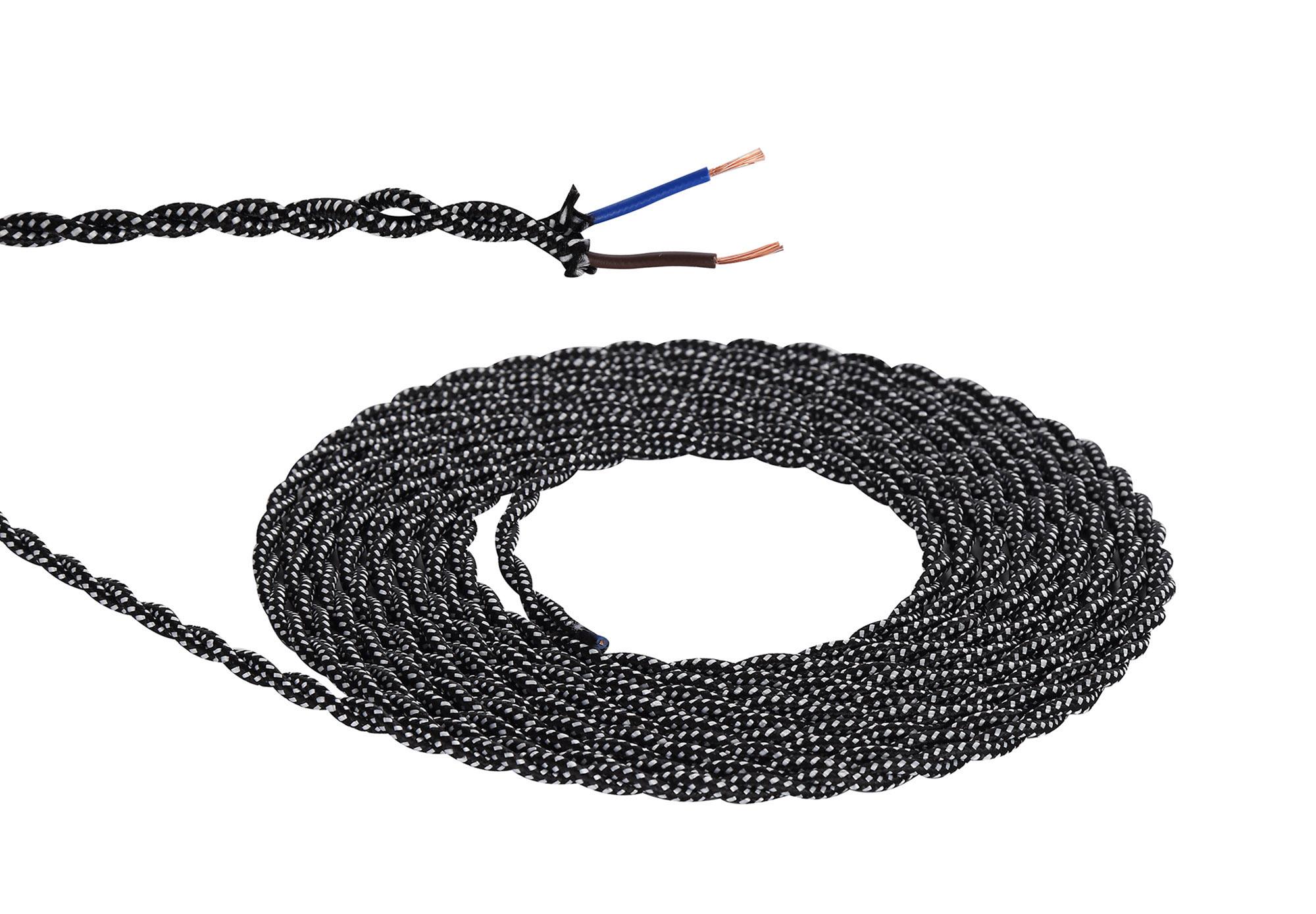 Cavo 1m Black & White Spot Braided Twisted 2 Core 0.75mm Cable VDE Approved (qty ordered will be supplied as one continuous length)