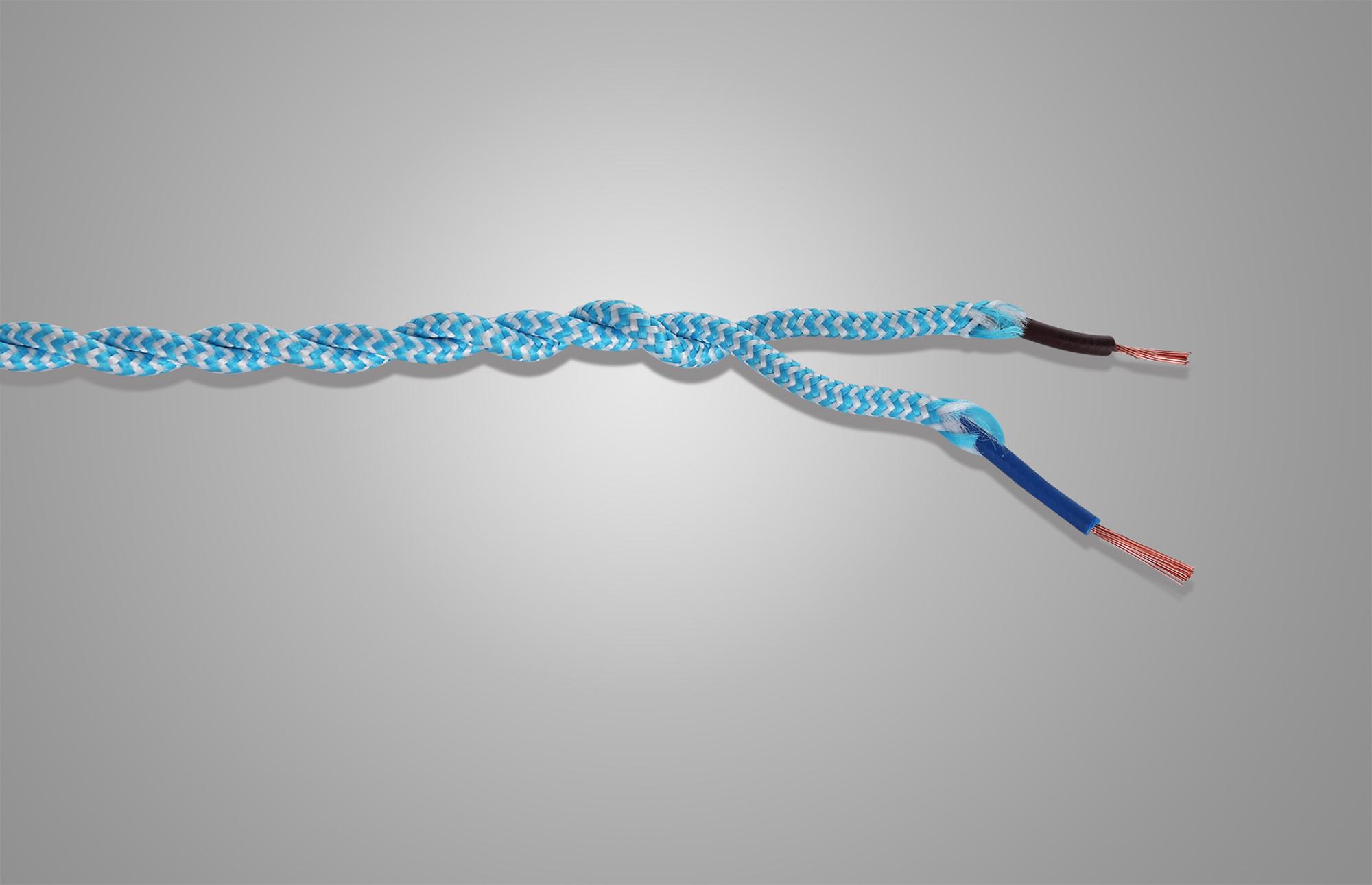 Cavo 1m Blue & White Wave Stripe Braided Twisted 2 Core 0.75mm Cable VDE Approved (qty ordered will be supplied as one continuous length)
