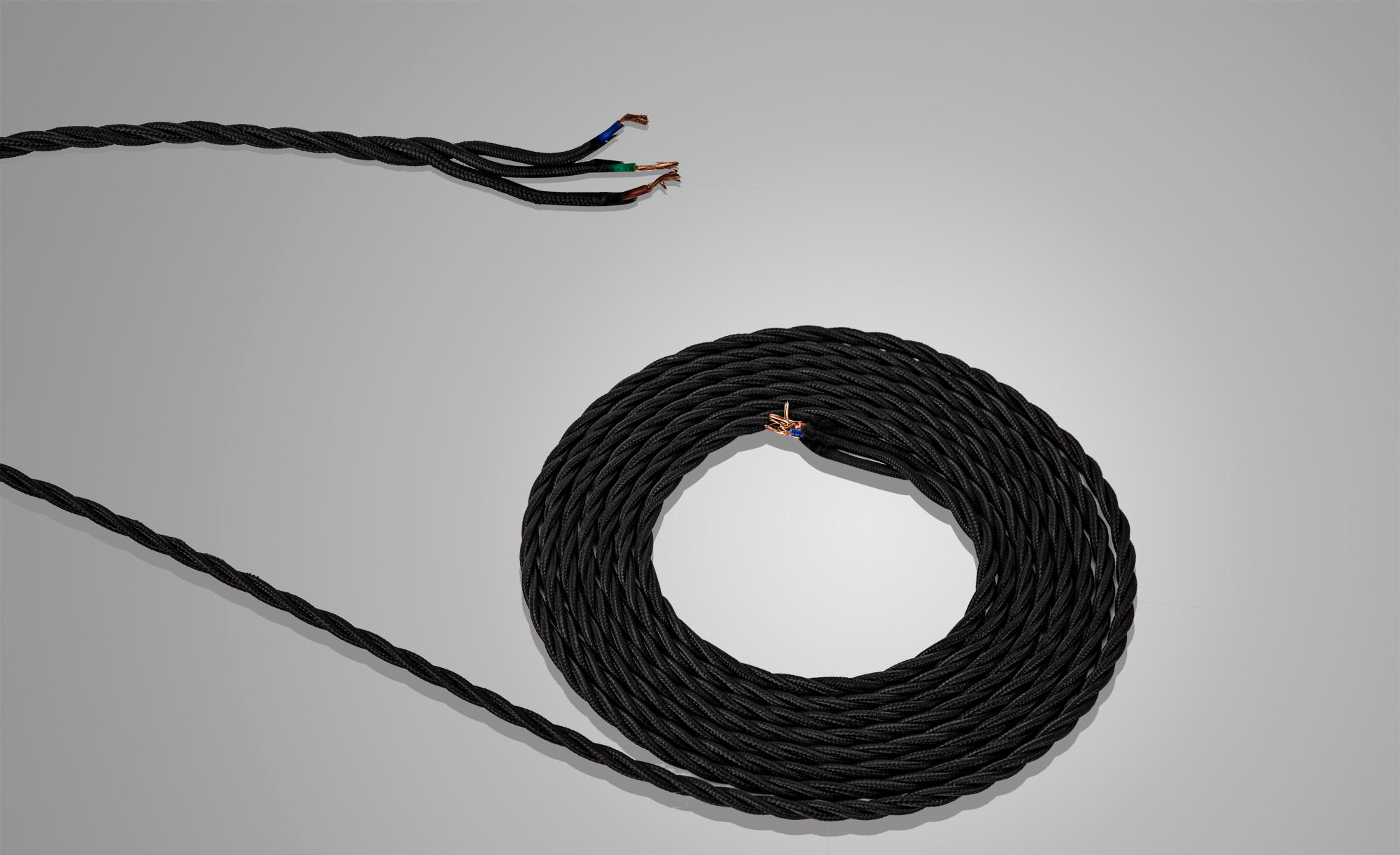 Cavo 1m Black Braided Twisted 3 Core 0.75mm Cable VDE Approved (qty ordered will be supplied as one continuous length)