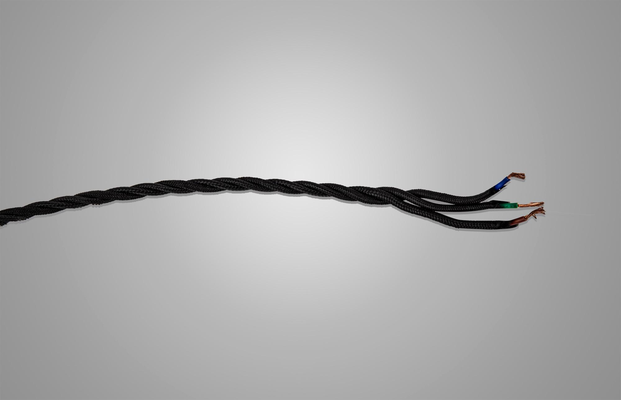 Cavo 1m Black Braided Twisted 3 Core 0.75mm Cable VDE Approved (qty ordered will be supplied as one continuous length)
