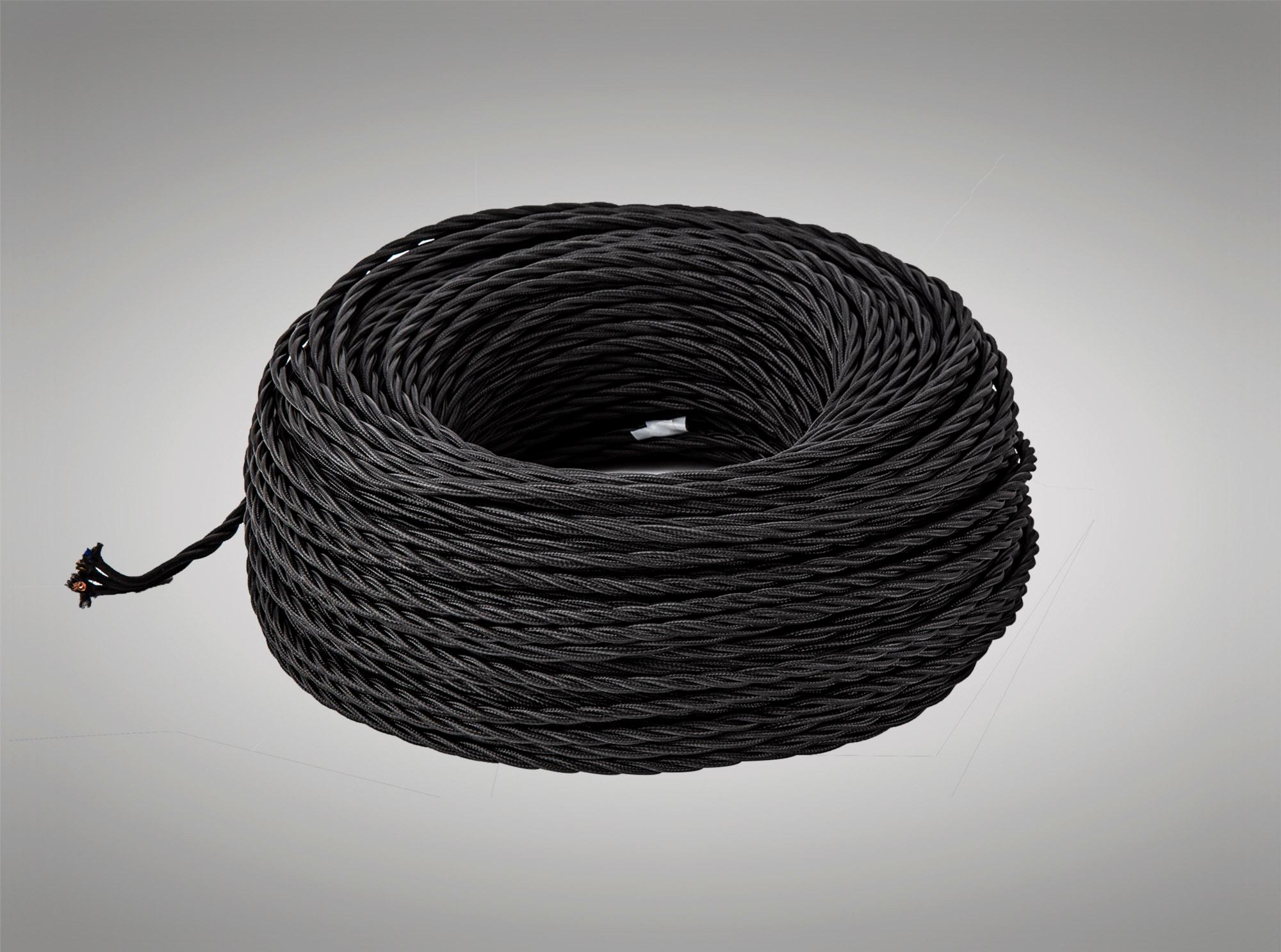 Cavo 1m Black Braided Twisted 3 Core 0.75mm Cable VDE Approved (qty ordered will be supplied as one continuous length)