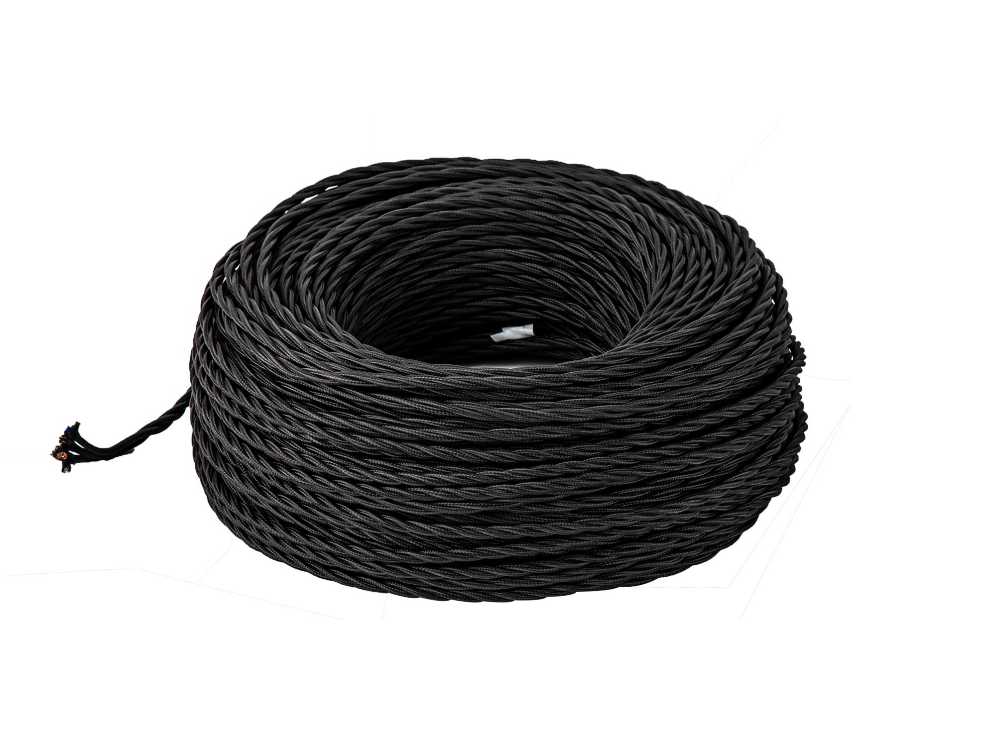 Cavo 1m Black Braided Twisted 3 Core 0.75mm Cable VDE Approved (qty ordered will be supplied as one continuous length)
