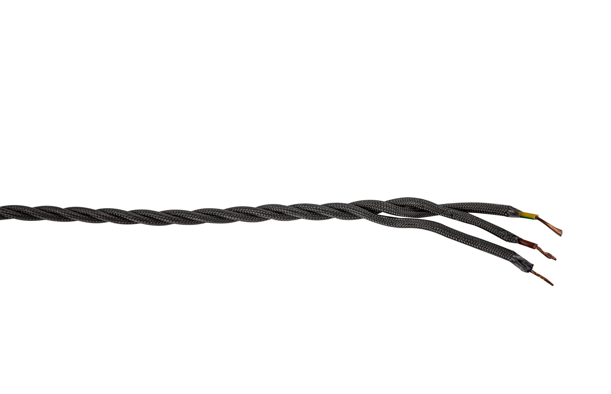 Cavo 1m Grey Braided Twisted 3 Core 0.75mm Cable VDE Approved (qty ordered will be supplied as one continuous length)