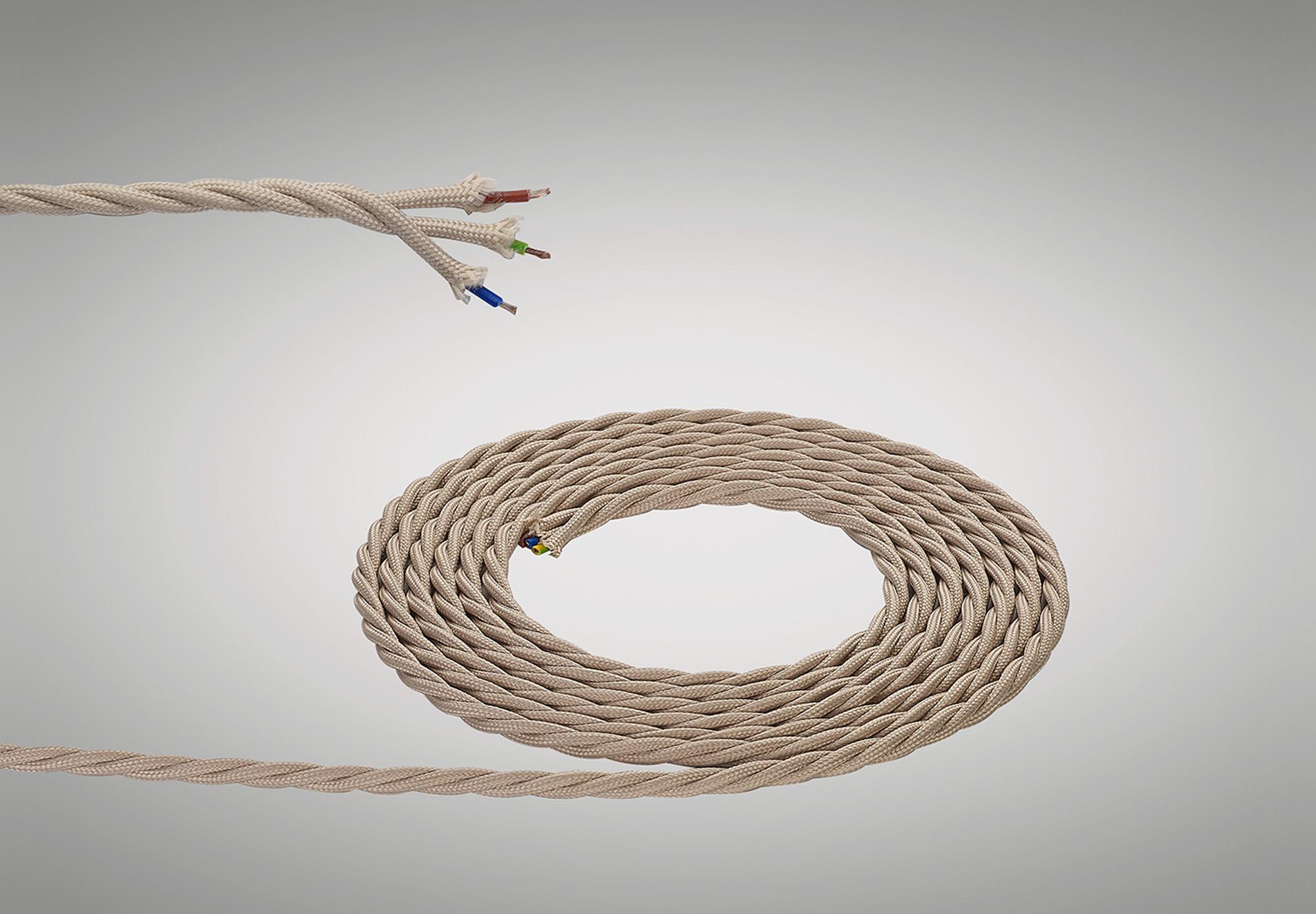 Cavo 1m Ivory Braided Twisted 3 Core 0.75mm Cable VDE Approved (qty ordered will be supplied as one continuous length)