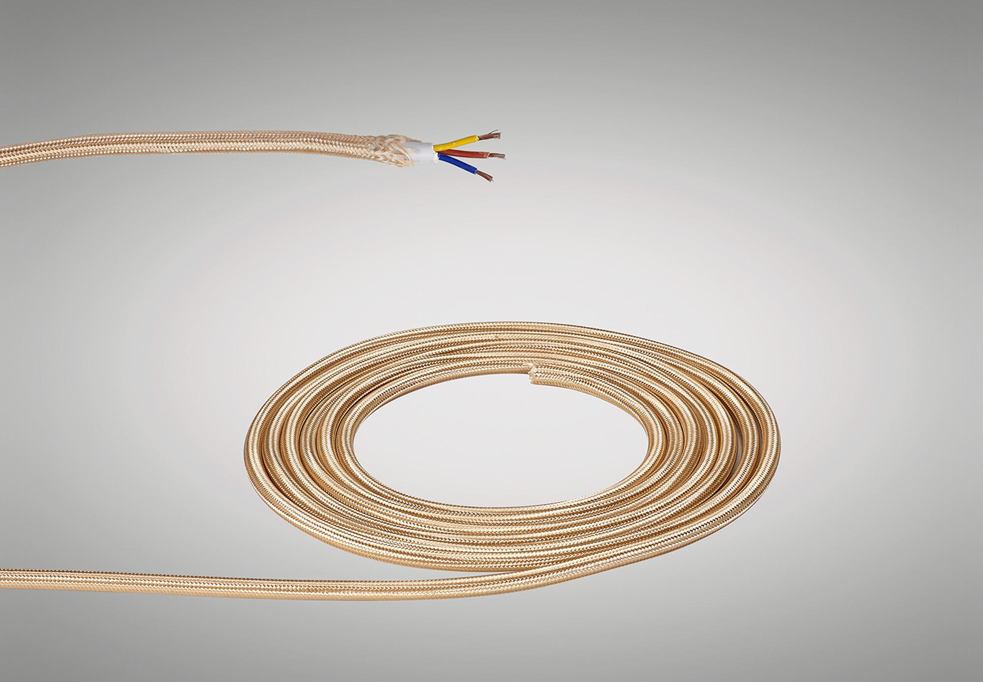 Cavo 1m Gold Braided 3 Core 0.75mm Cable VDE Approved (qty ordered will be supplied as one continuous length)