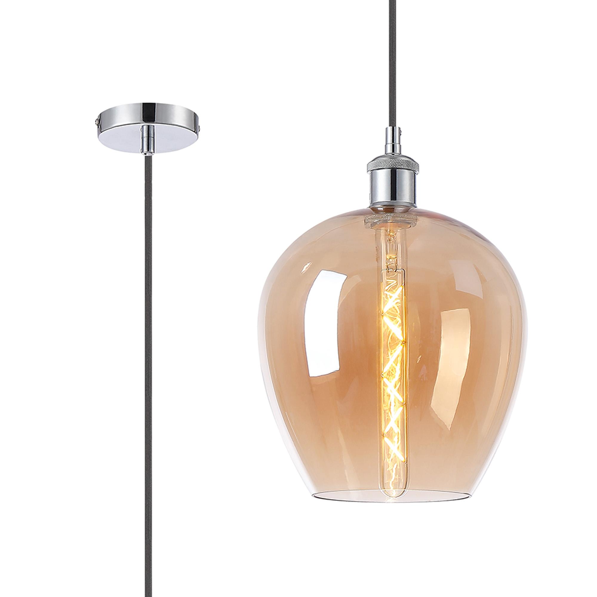 Cawdor Single Pendant, 1 Light E27, Polished Chrome/Black/Amber Wine Glass