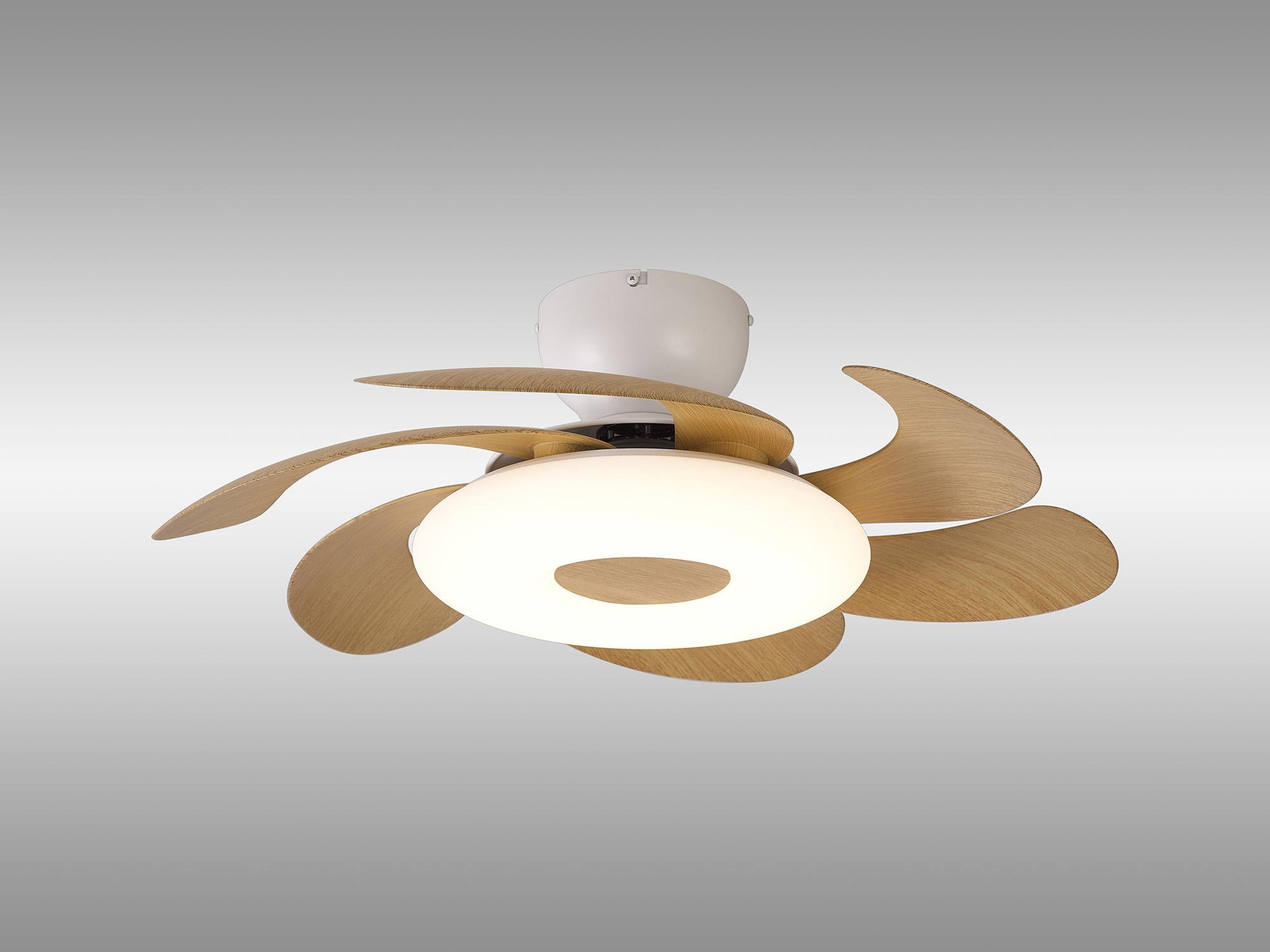 Flowers 50cm 24W LED Dimmable Ceiling Light With Built-In 25W DC Reversible Fan, Remote Control 2700-5000K, 2900lm, White/Wood