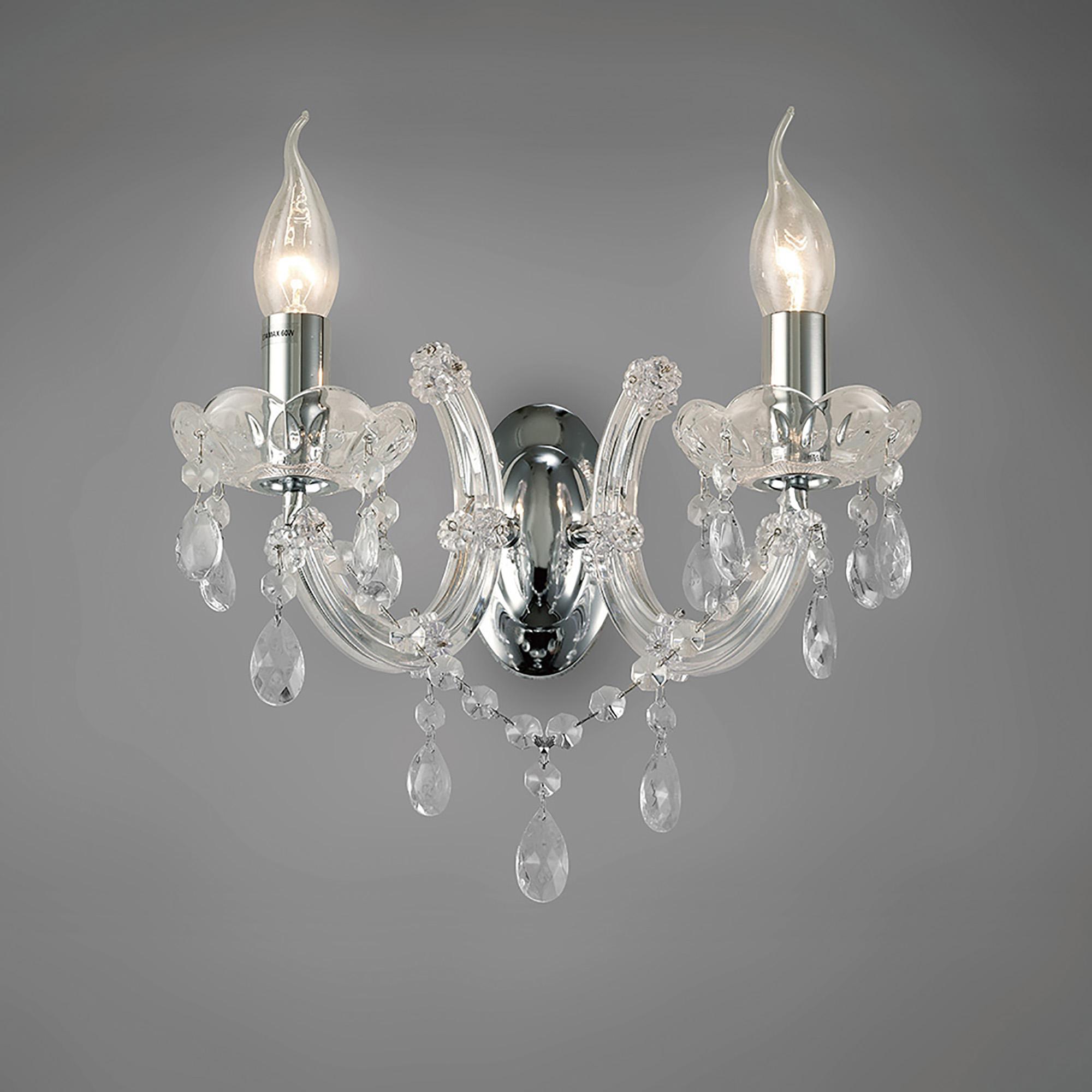 * Gabrielle Wall Lamp 2 Light E14 With Glass Sconce & Glass Droplets/Polished Chrome