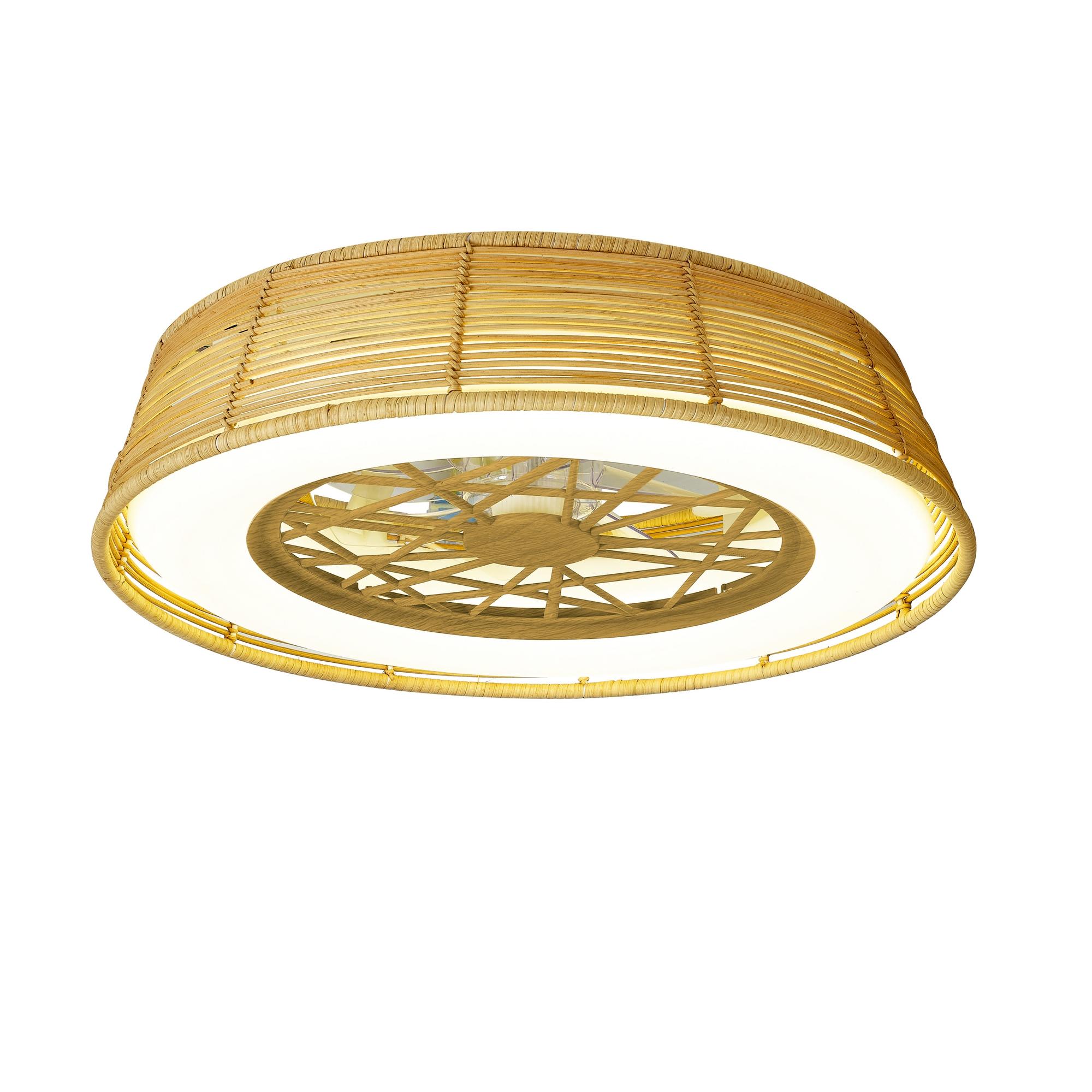 Indonesia Mini 56cm 55W LED Dimmable Ceiling Light With Built-In 25W DC Reversible Fan, Beige Rattan, 3800lm, 5yrs Warranty