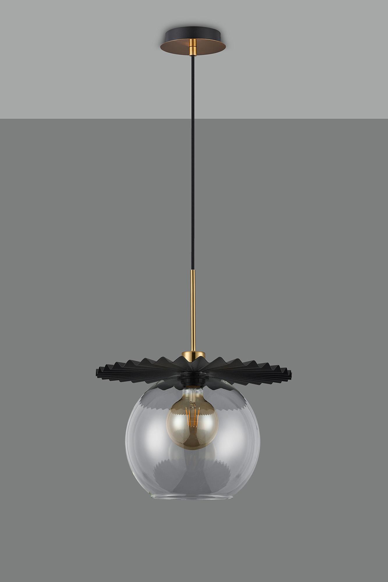 Lori 1.7m Single Pendant, 1 Light Adjustable E27, Antique Gold/Black/Clear Pleated Disc With Open Mouth Round Globe Shades