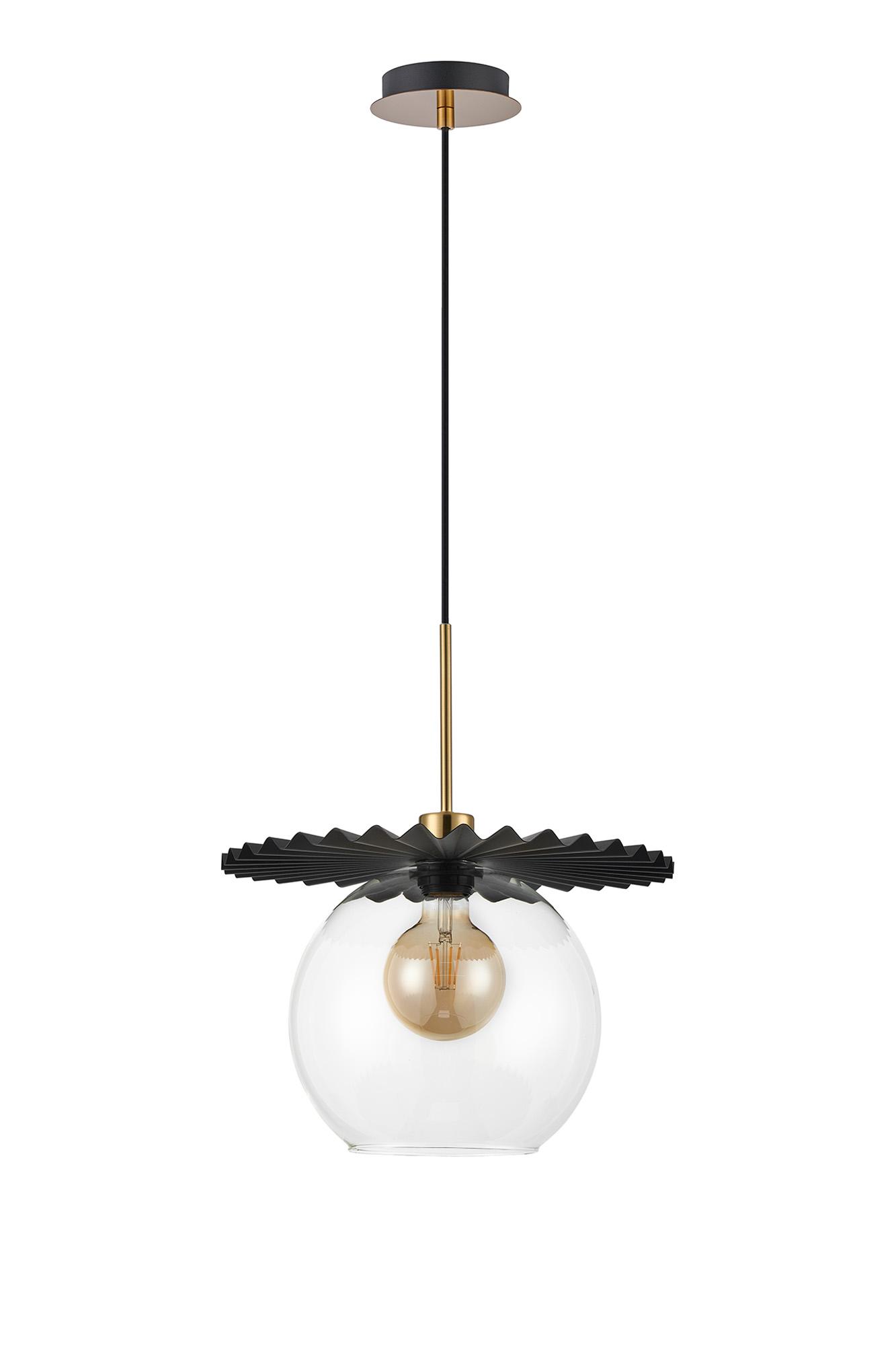 Lori 1.7m Single Pendant, 1 Light Adjustable E27, Antique Gold/Black/Clear Pleated Disc With Open Mouth Round Globe Shades