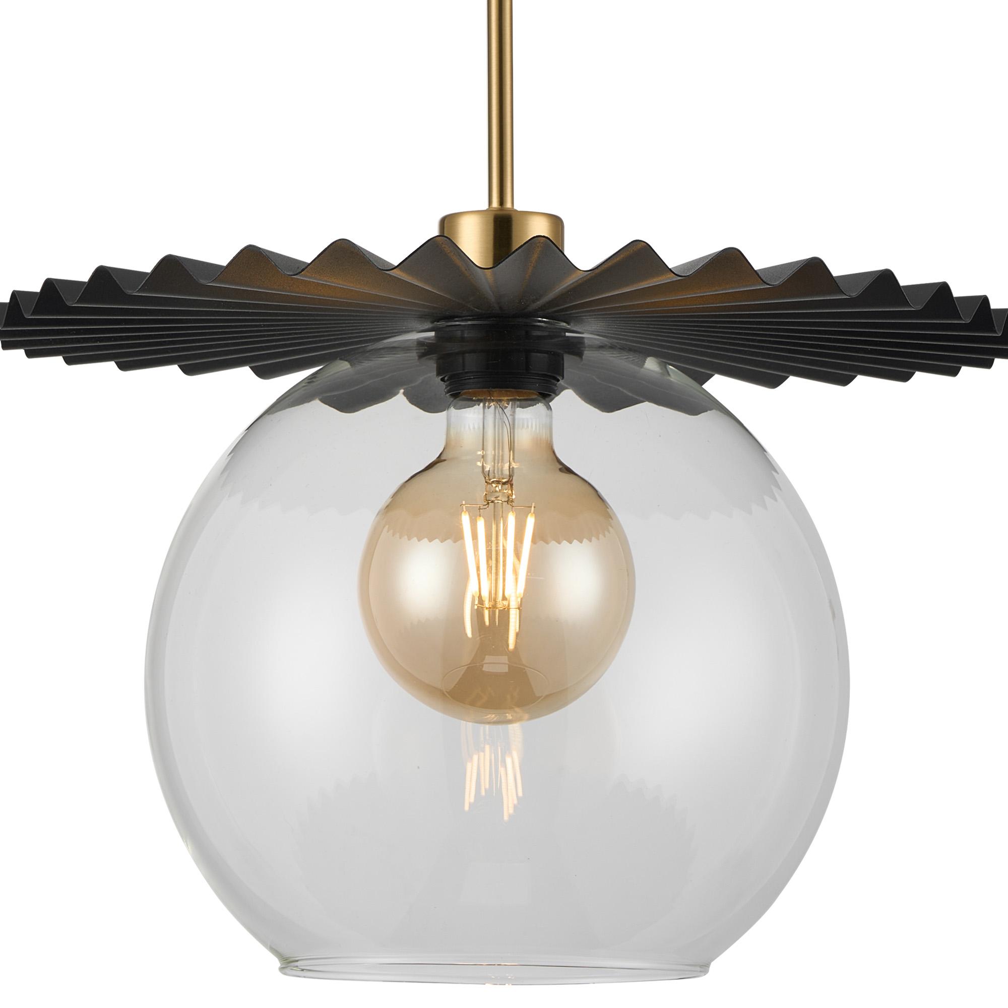 Lori 1.7m Single Pendant, 1 Light Adjustable E27, Antique Gold/Black/Clear Pleated Disc With Open Mouth Round Globe Shades