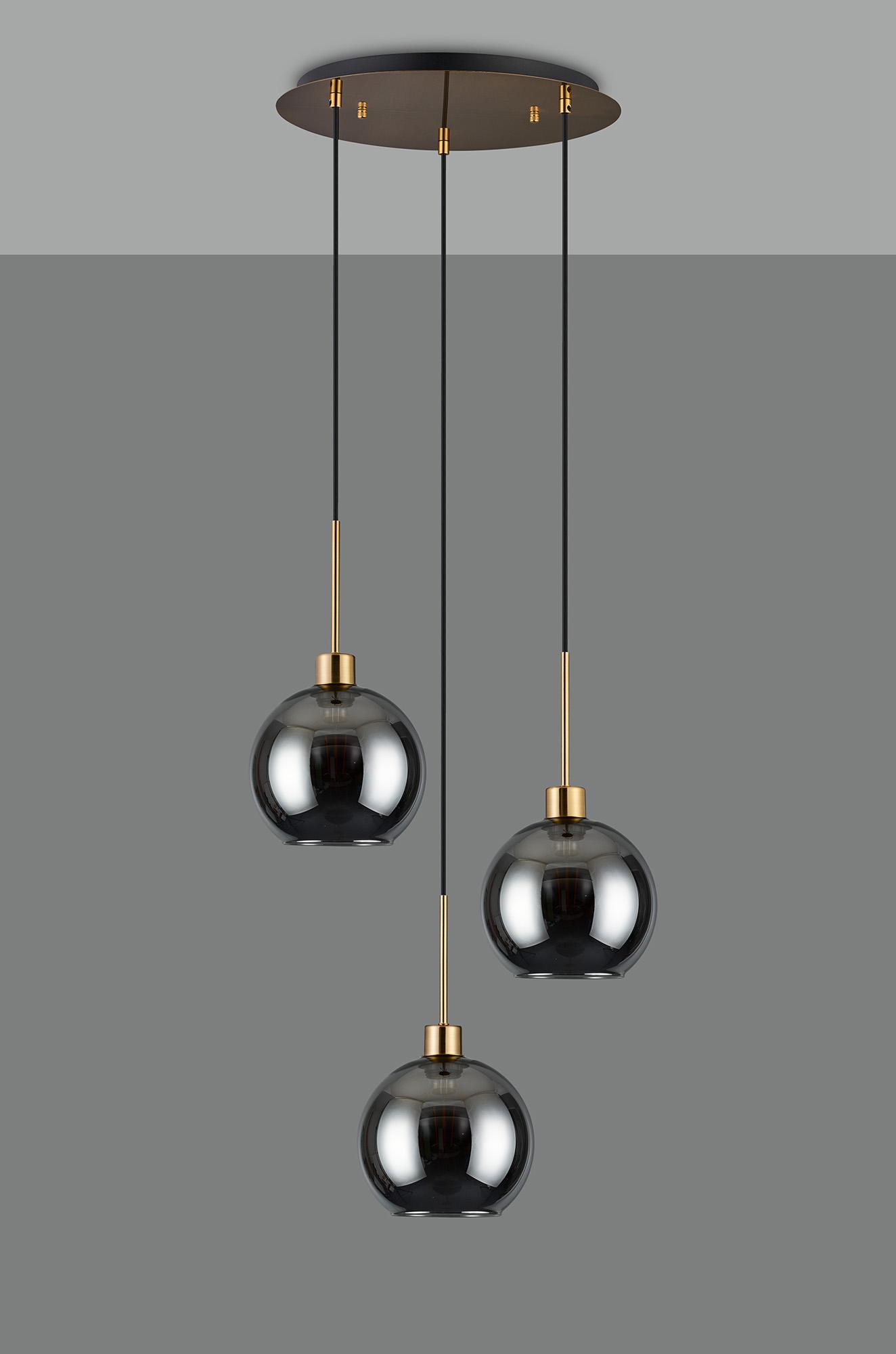 Lori 40cm Round Pendant, 3 Light Adjustable E27, Antique Gold/Smoke Open Mouth Round Globe Shades