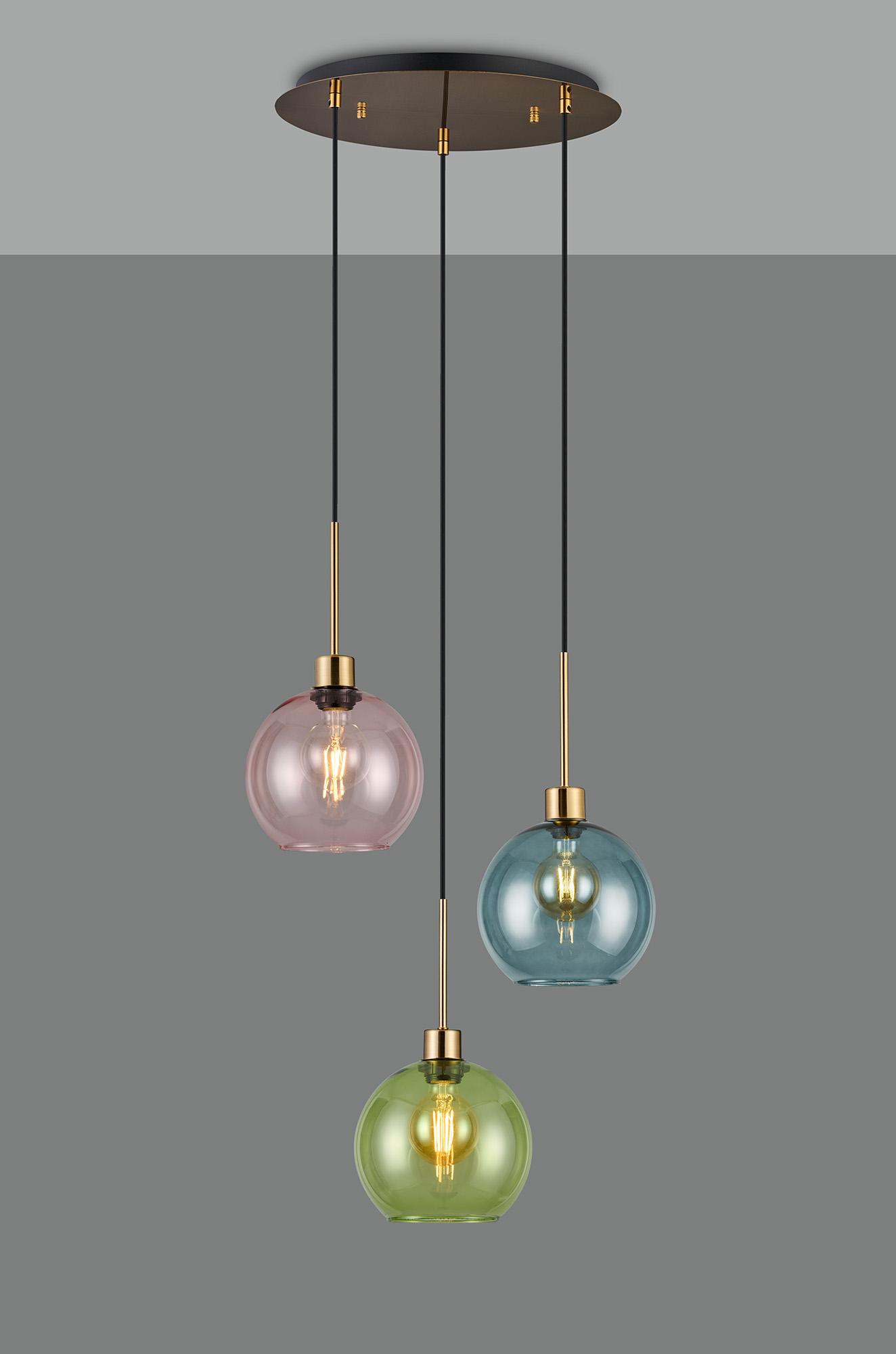 Lori 40cm Round Pendant, 3 Light Adjustable E27, Antique Gold/Blue/Green/Pink Open Mouth Round Globe Shades