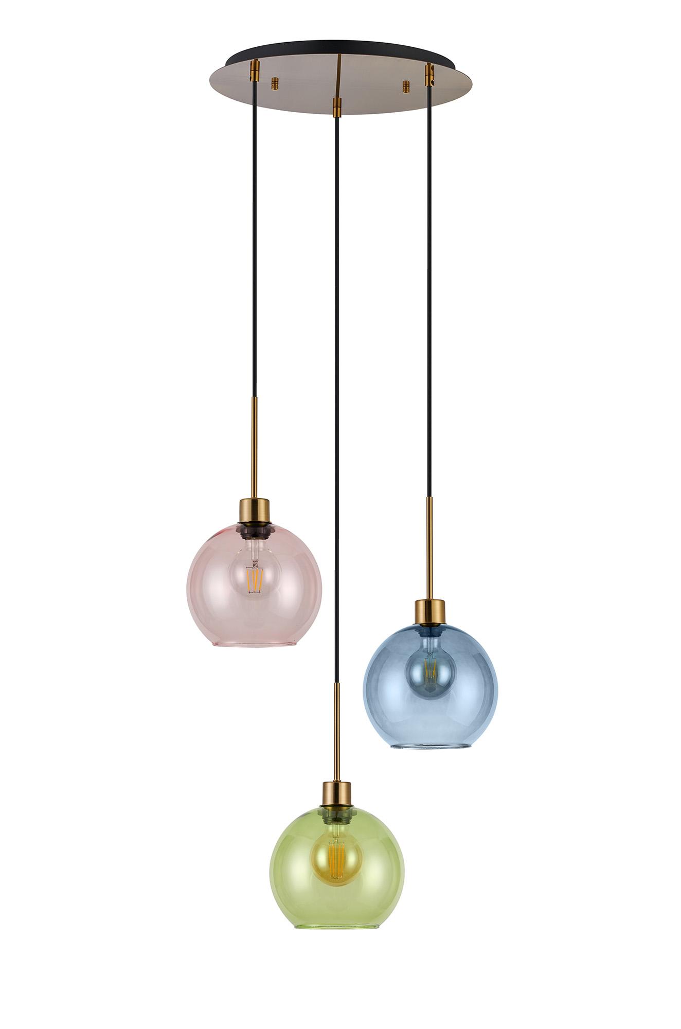 Lori 40cm Round Pendant, 3 Light Adjustable E27, Antique Gold/Blue/Green/Pink Open Mouth Round Globe Shades
