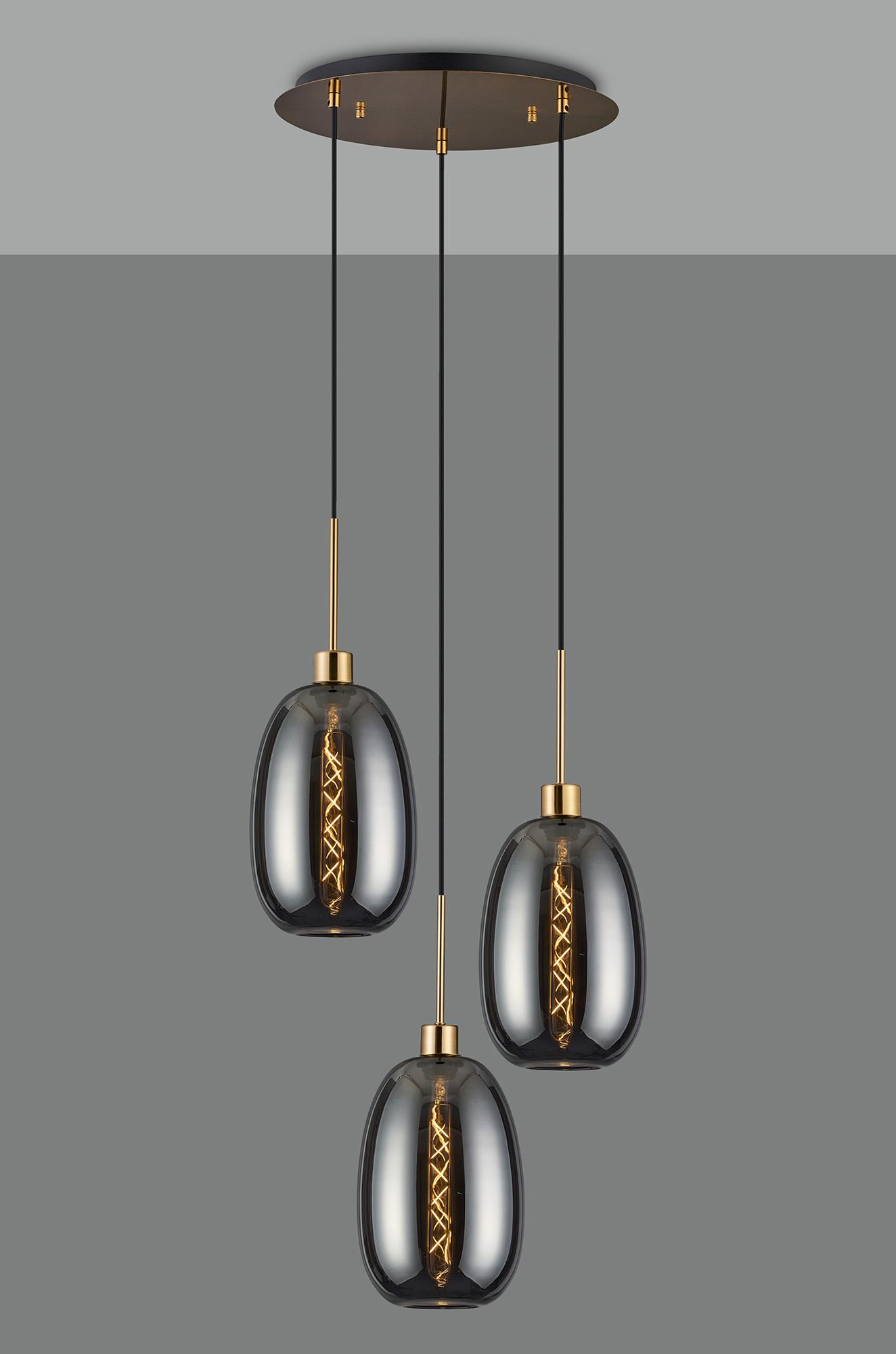 Lori 40cm Round Pendant, 3 Light Adjustable E27, Antique Gold/Smoke Slim Curved Trapezium Shades