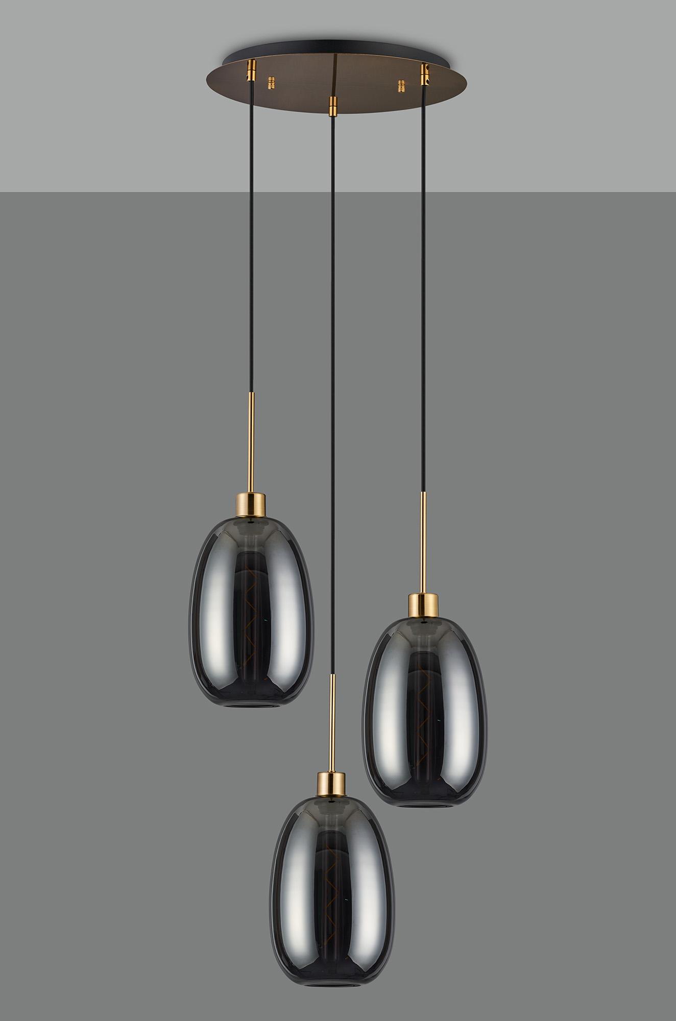Lori 40cm Round Pendant, 3 Light Adjustable E27, Antique Gold/Smoke Slim Curved Trapezium Shades