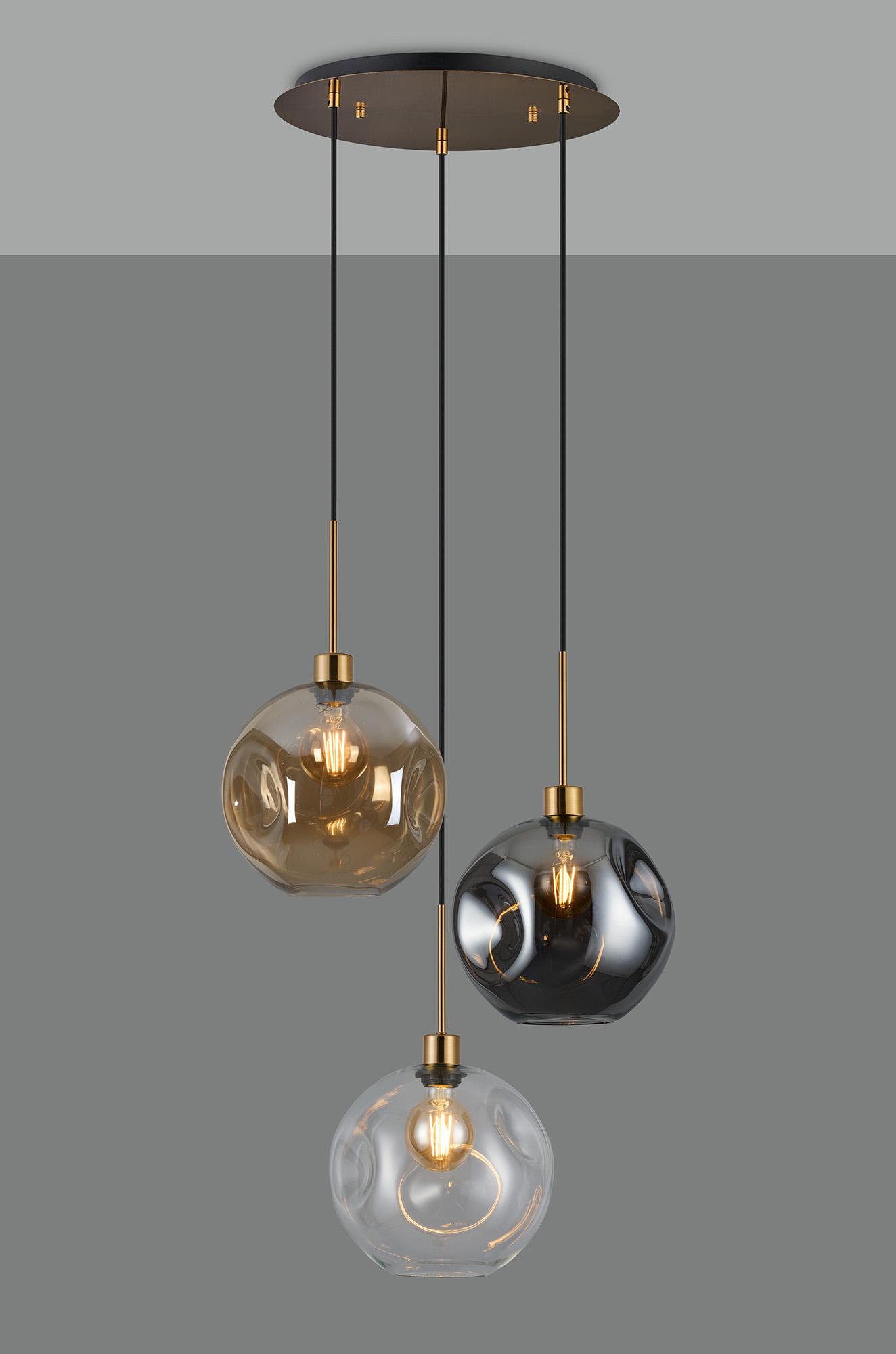 Lori 40cm Round Pendant, 3 Light Adjustable E27, Antique Gold/Amber/Clear/Smoke Round Dimple Shades