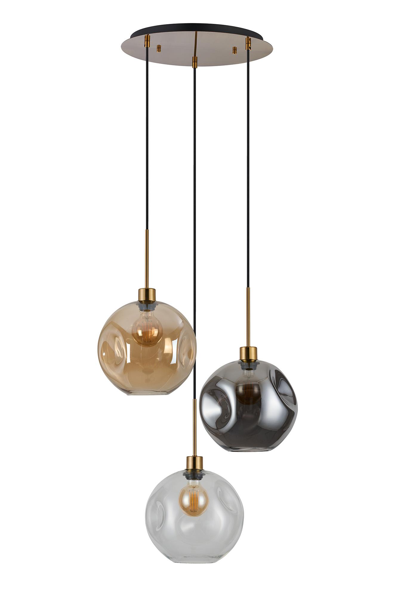 Lori 40cm Round Pendant, 3 Light Adjustable E27, Antique Gold/Amber/Clear/Smoke Round Dimple Shades