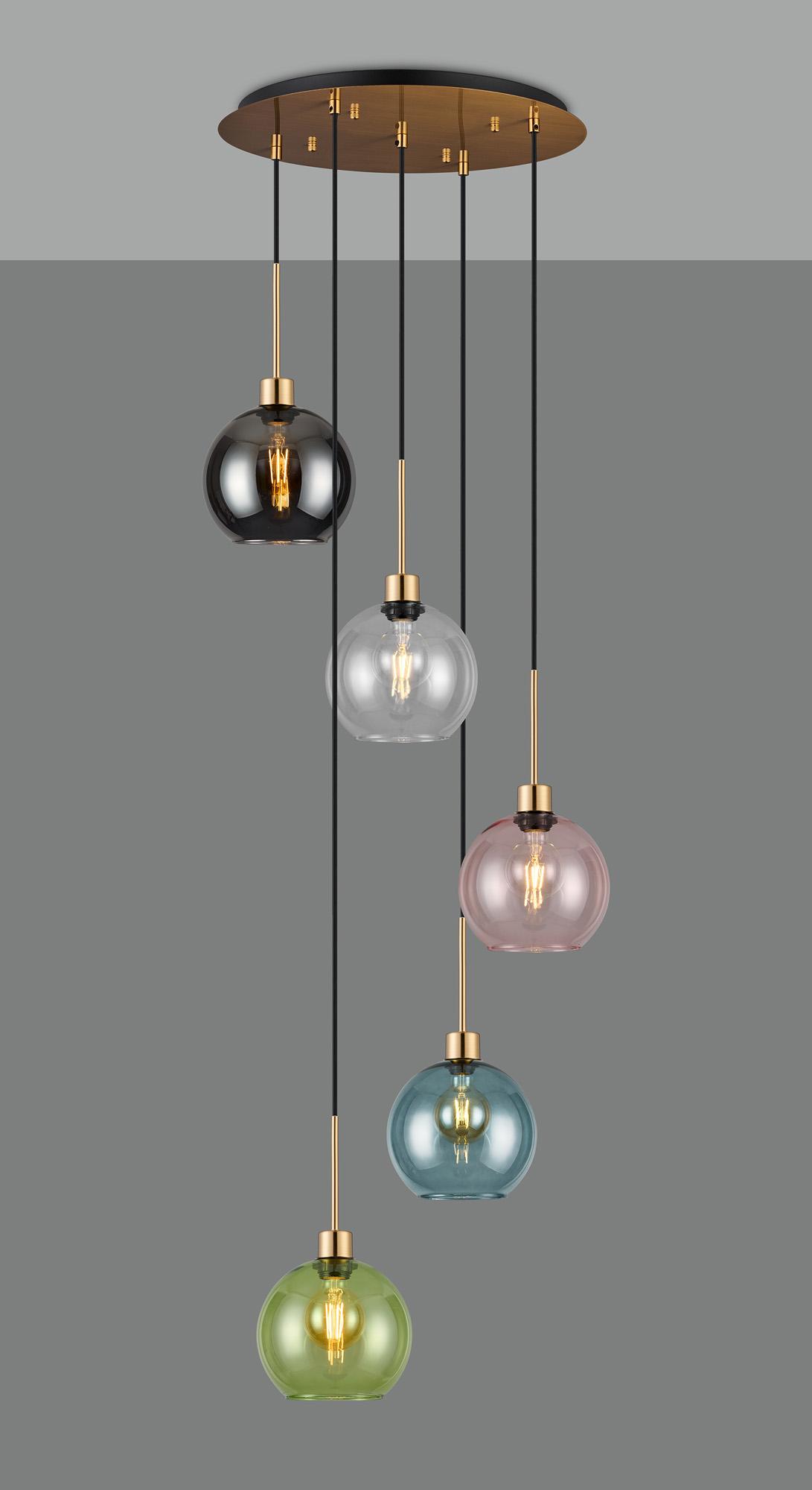 Lori 45cm Round Pendant, 5 Light Adjustable E27, Antique Gold/Blue/Clear/Green/Pink/Smoke Open Mouth Round Globe Shades