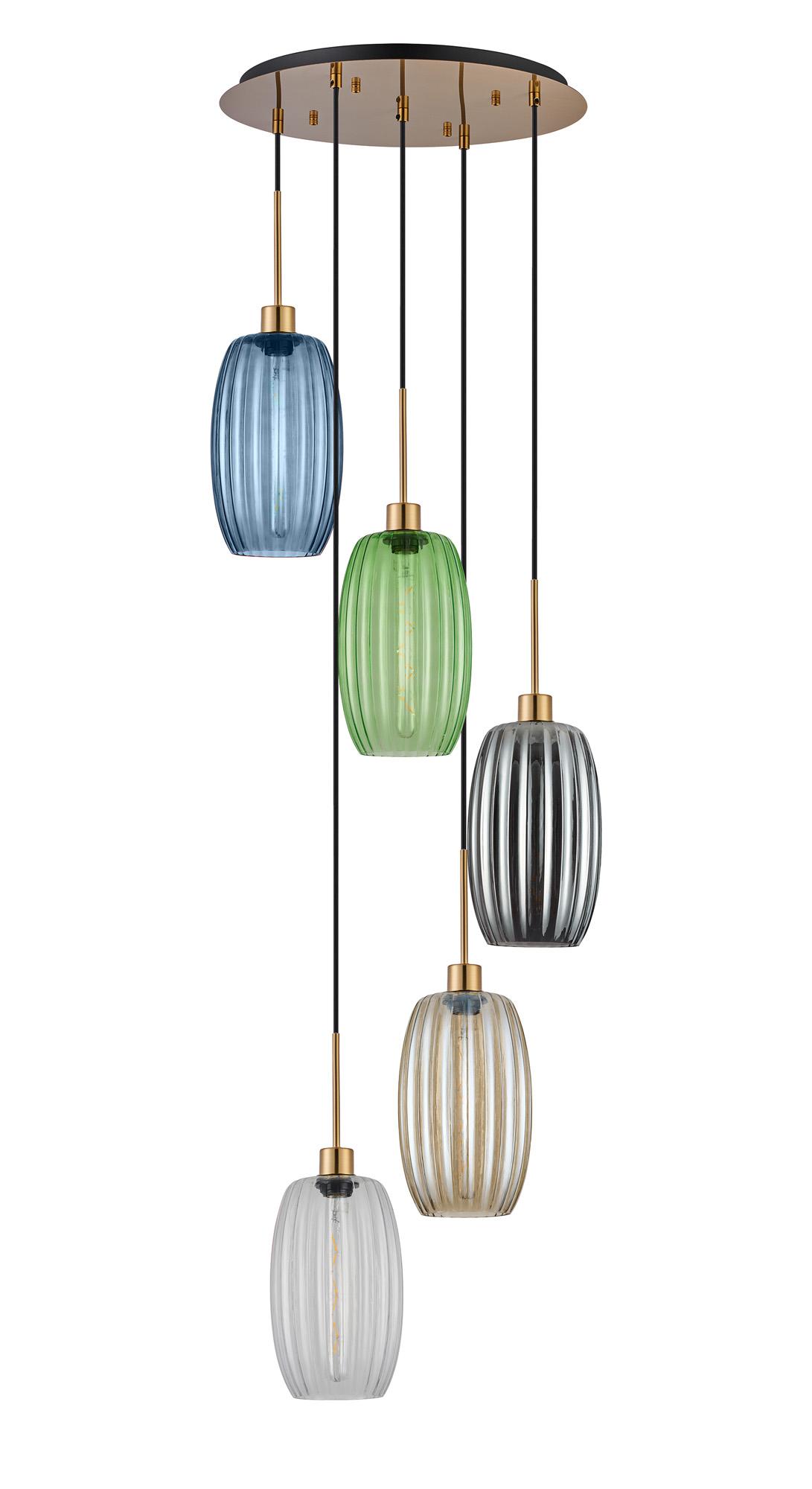 Lori 45cm Round Pendant, 5 Light Adjustable E27, Antique Gold/Petrol Blue/Champagne/Clear/Green/Smoke Ribbed Tubular Shades