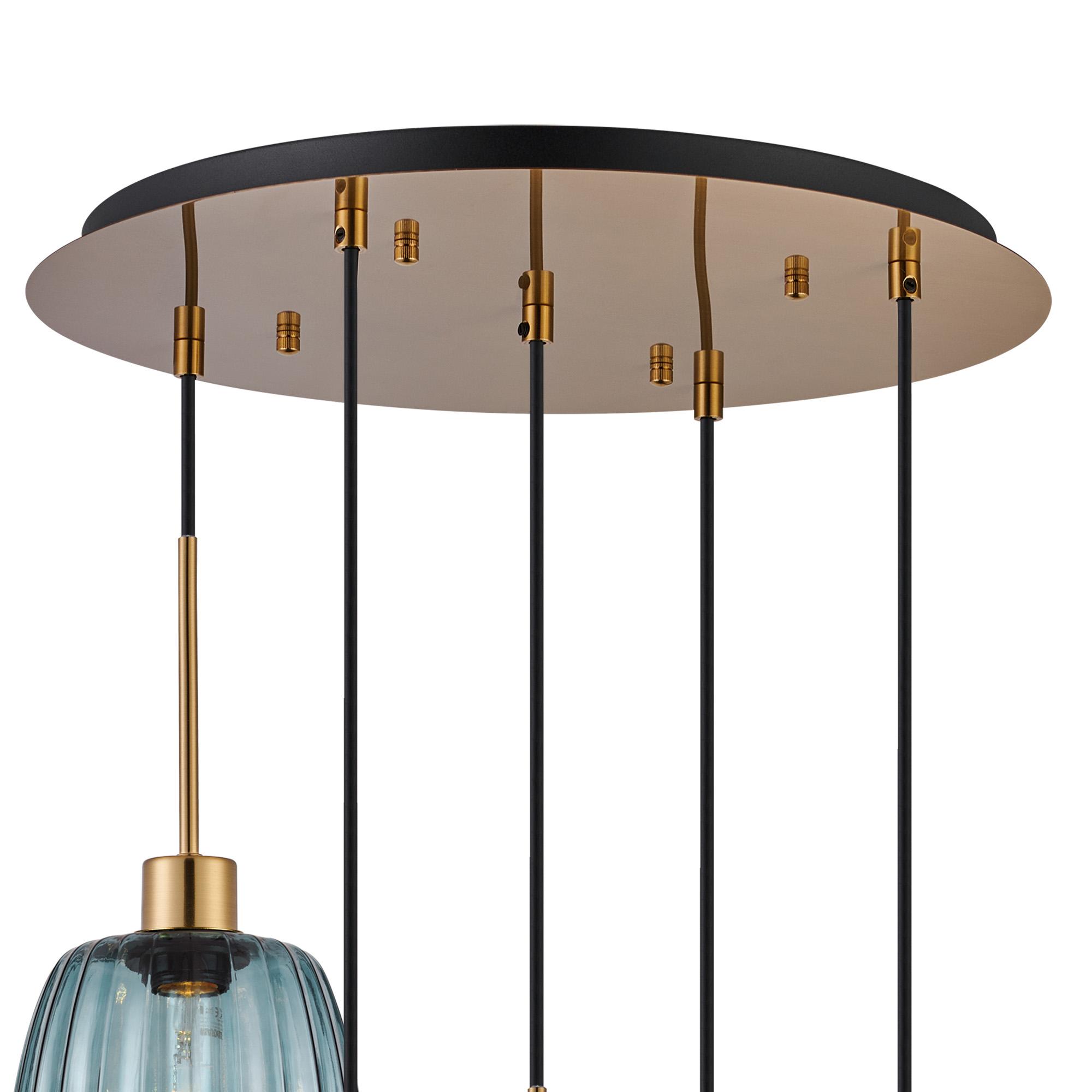 Lori 45cm Round Pendant, 5 Light Adjustable E27, Antique Gold/Petrol Blue/Champagne/Clear/Green/Smoke Ribbed Tubular Shades