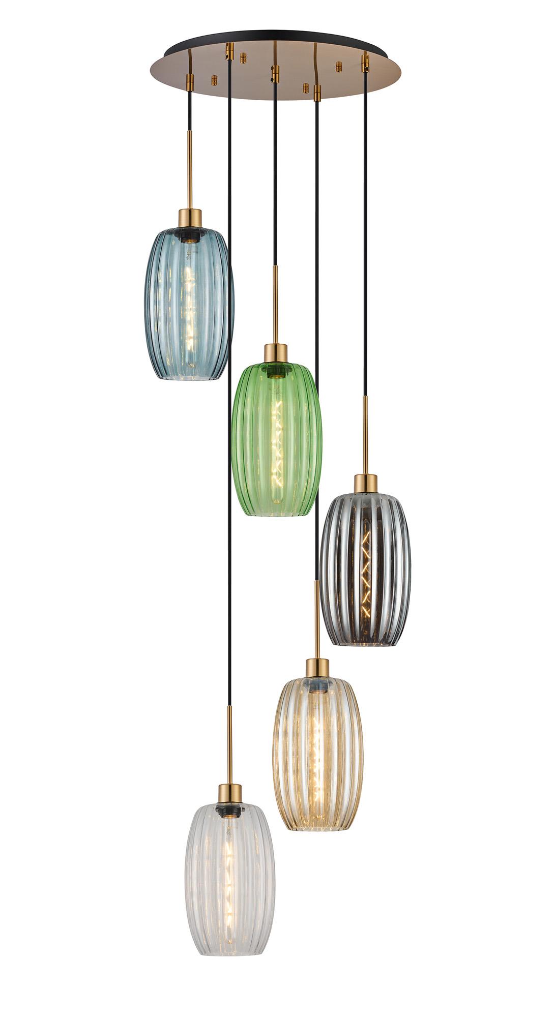 Lori 45cm Round Pendant, 5 Light Adjustable E27, Antique Gold/Petrol Blue/Champagne/Clear/Green/Smoke Ribbed Tubular Shades