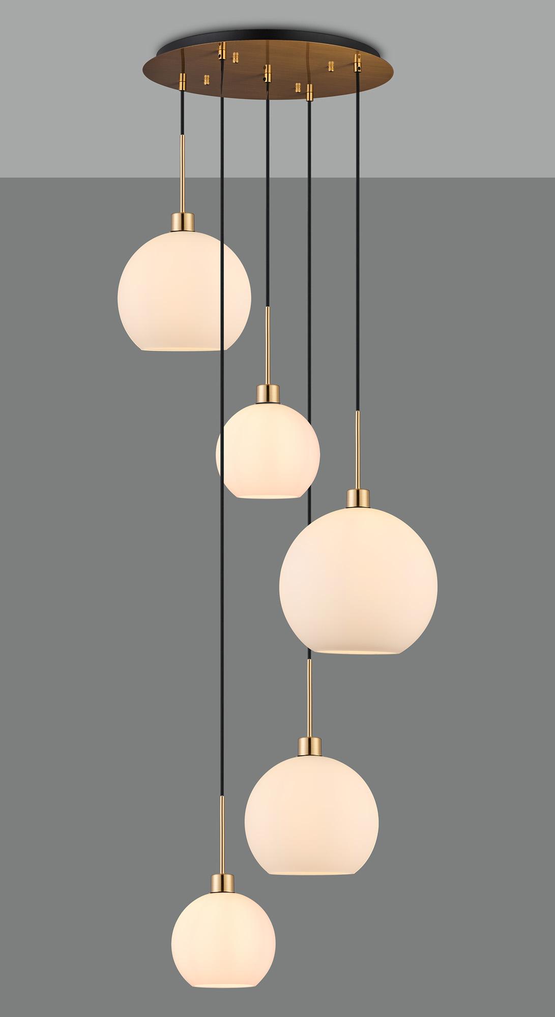 Lori 45cm Round Pendant, 5 Light Adjustable E27, Antique Gold/Opal Open Mouth Round Globe Shades