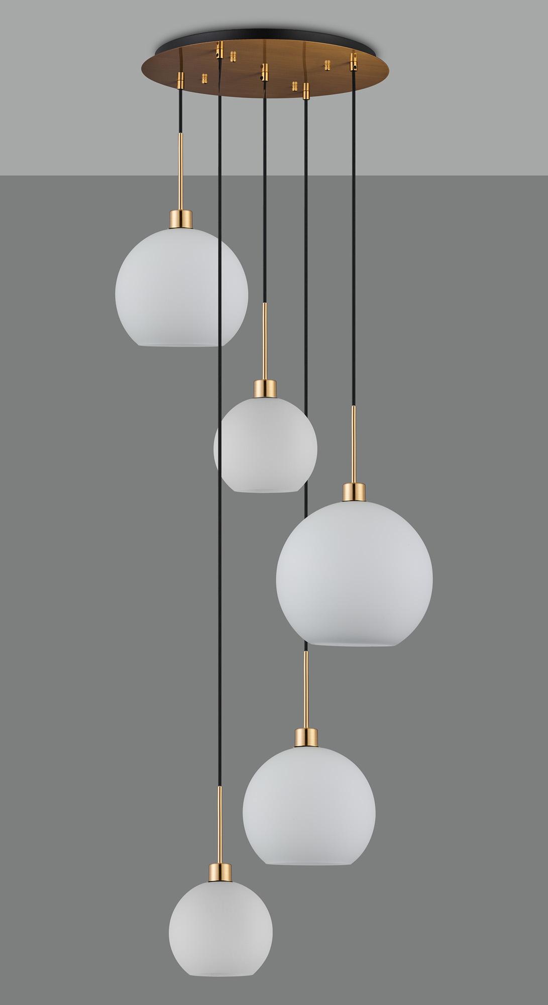 Lori 45cm Round Pendant, 5 Light Adjustable E27, Antique Gold/Opal Open Mouth Round Globe Shades