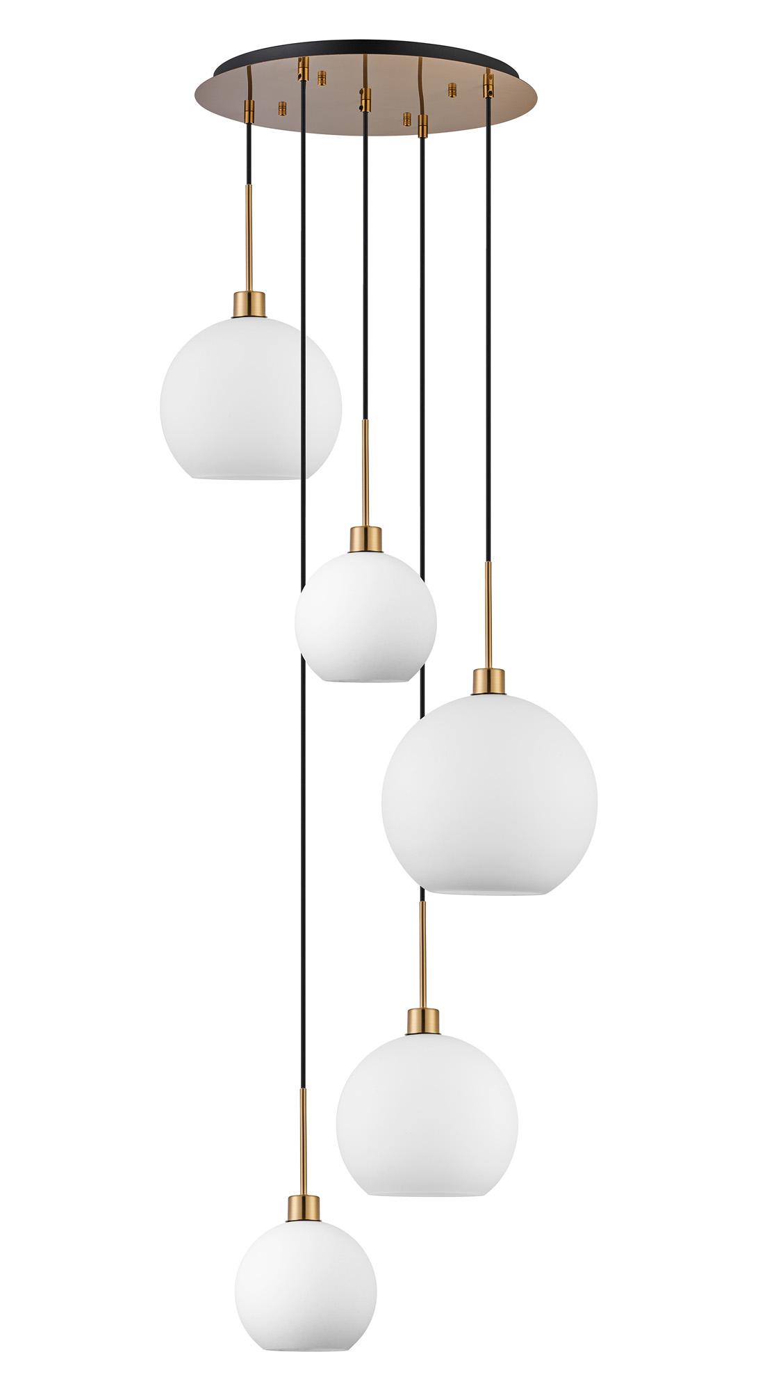 Lori 45cm Round Pendant, 5 Light Adjustable E27, Antique Gold/Opal Open Mouth Round Globe Shades