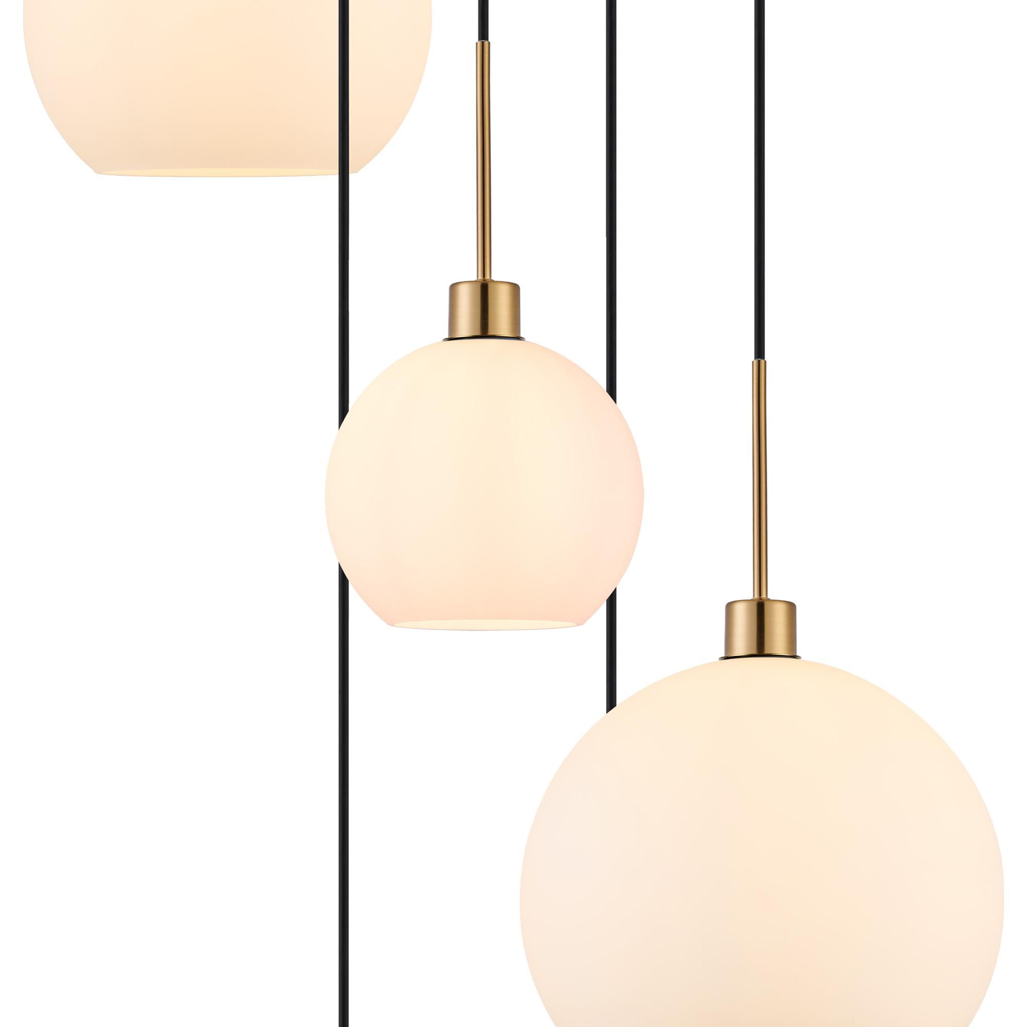 Lori 45cm Round Pendant, 5 Light Adjustable E27, Antique Gold/Opal Open Mouth Round Globe Shades