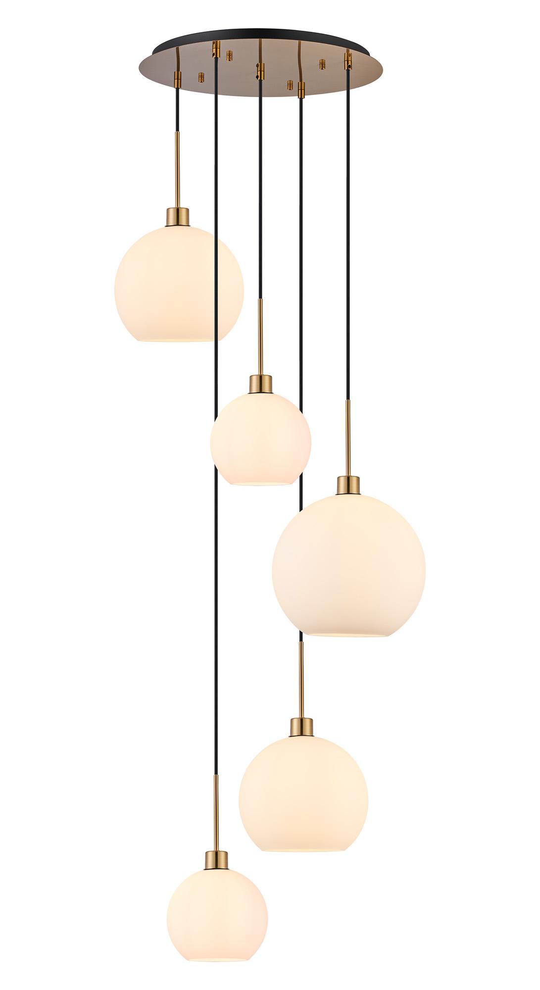 Lori 45cm Round Pendant, 5 Light Adjustable E27, Antique Gold/Opal Open Mouth Round Globe Shades