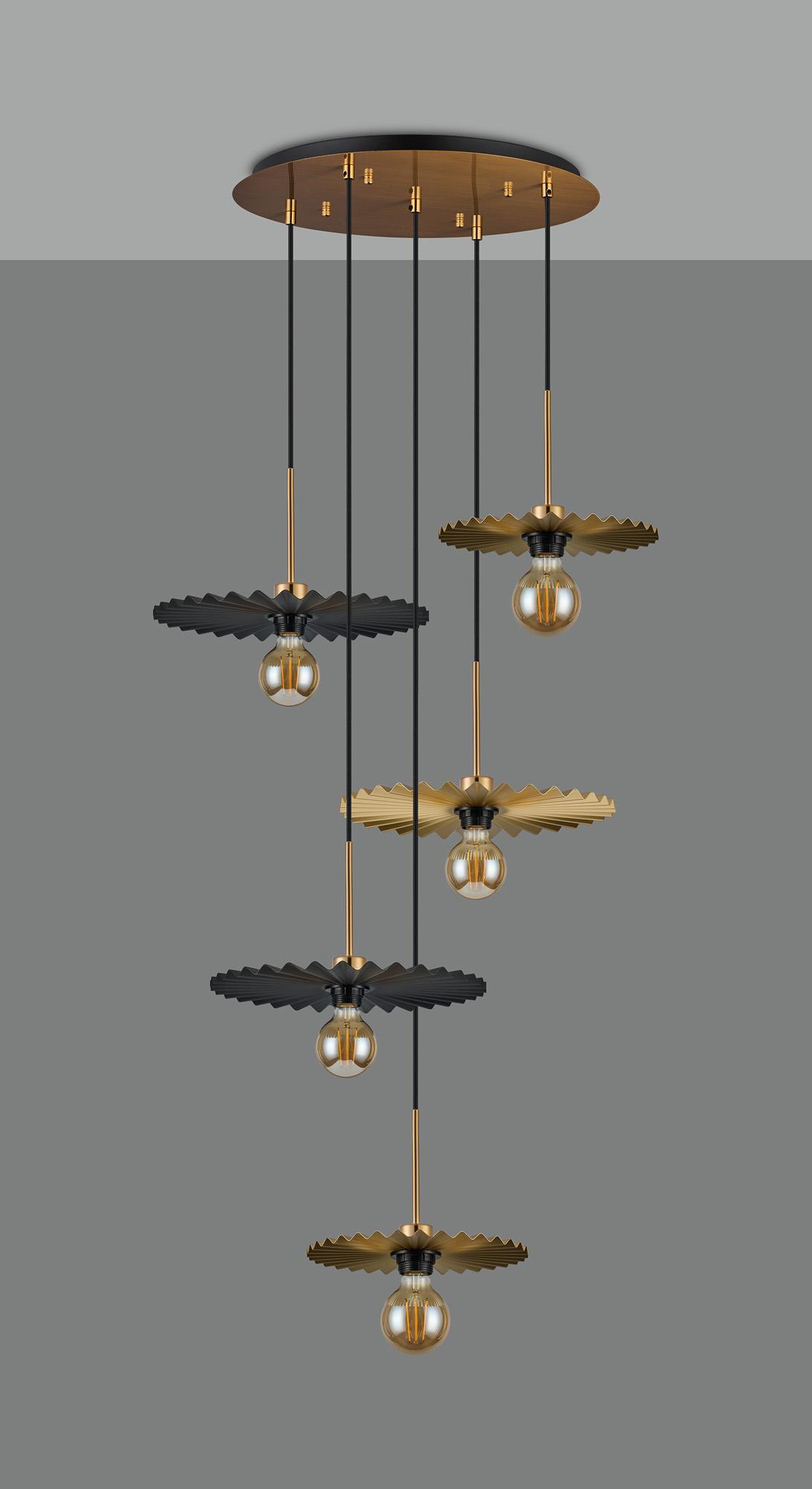 Lori 45cm Round Pendant, 5 Light Adjustable E27, Antique Gold/Champagne Gold/Black Pleated Disc Metal Shades