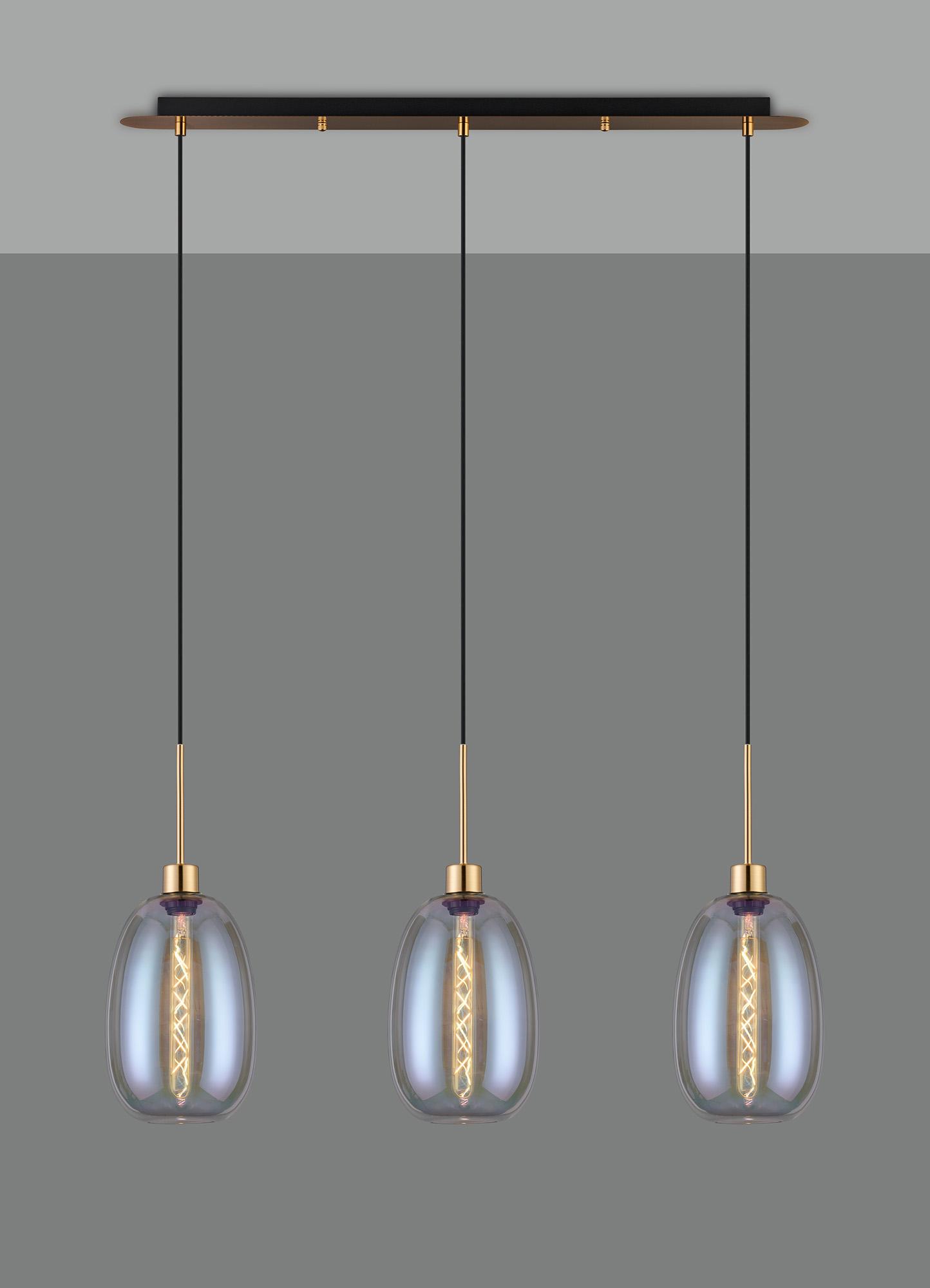 Lori Linear Pendant, 3 Light Adjustable E27, Antique Gold/Iridescent Slim Curved Trapezium Shades