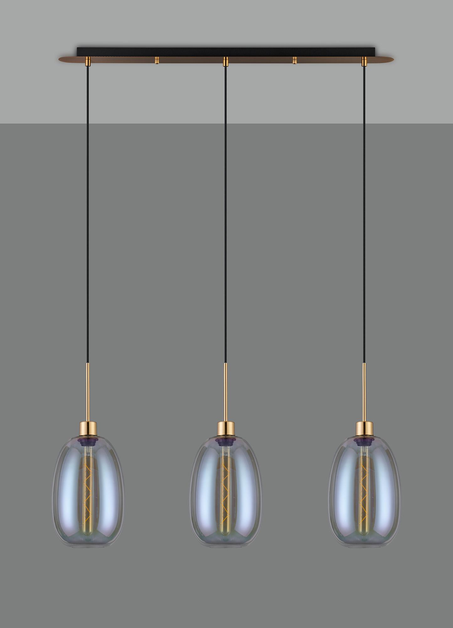 Lori Linear Pendant, 3 Light Adjustable E27, Antique Gold/Iridescent Slim Curved Trapezium Shades