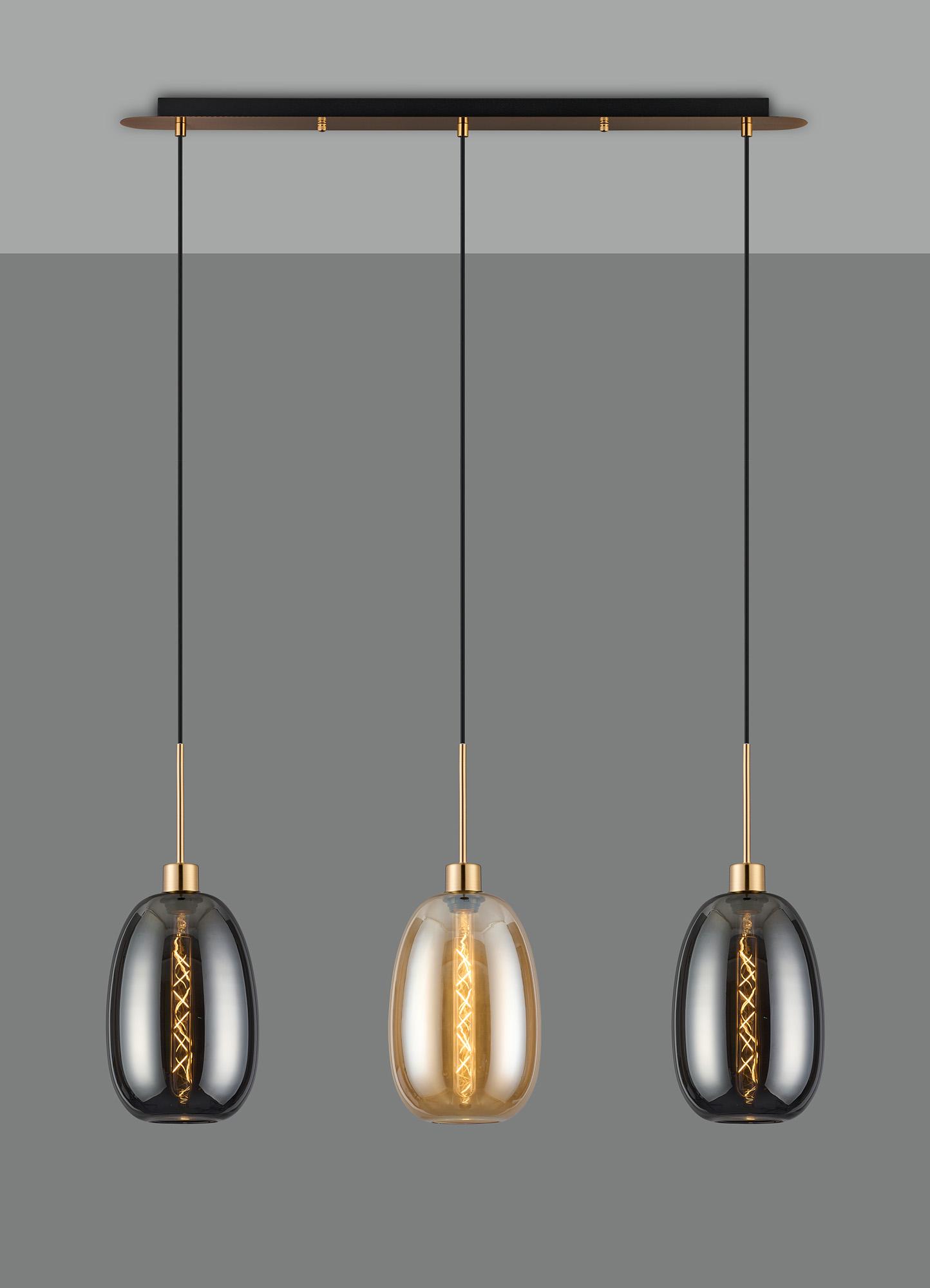 Lori Linear Pendant, 3 Light Adjustable E27, Antique Gold/Amber/Smoke Slim Curved Trapezium Shades