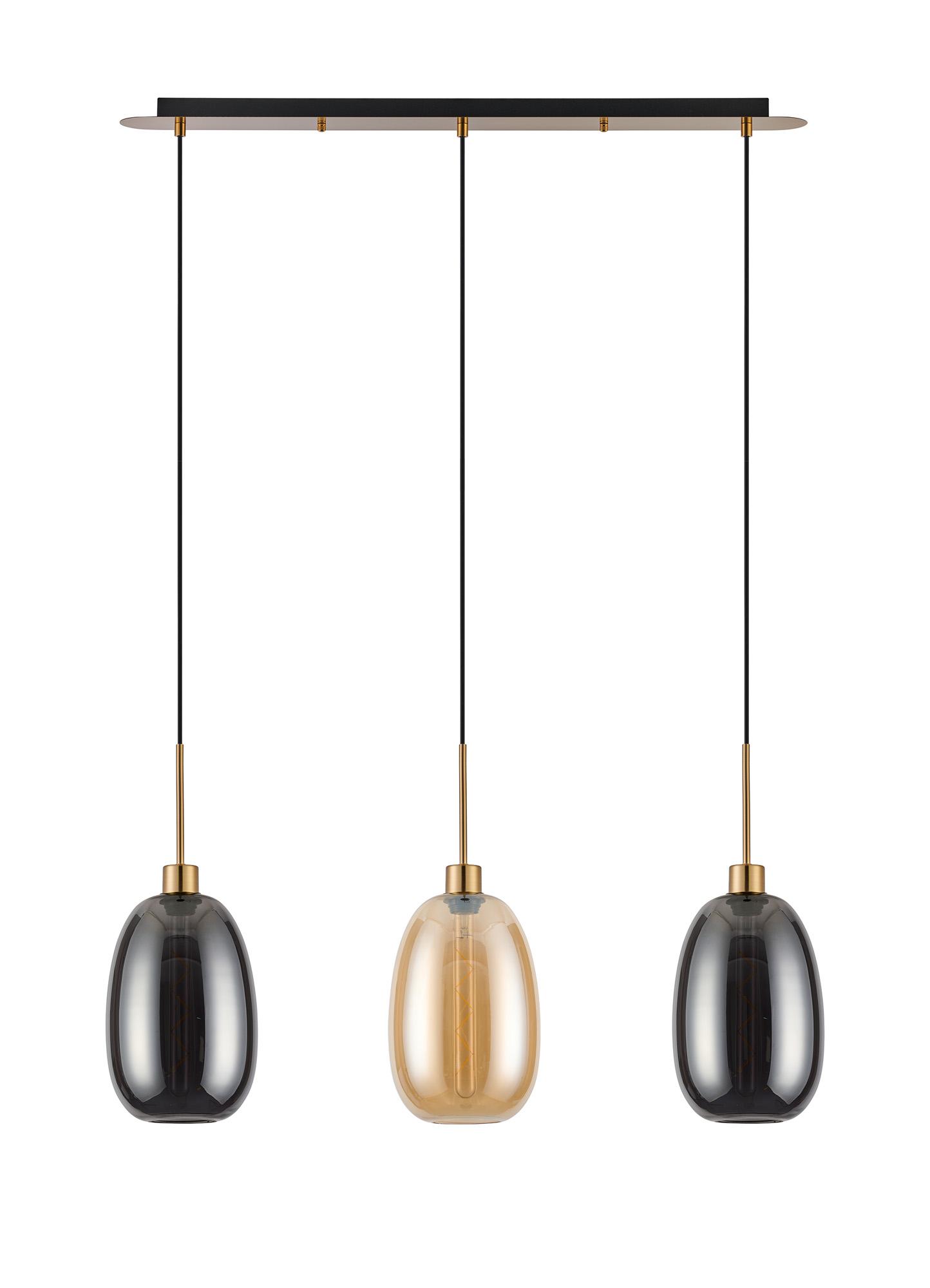 Lori Linear Pendant, 3 Light Adjustable E27, Antique Gold/Amber/Smoke Slim Curved Trapezium Shades
