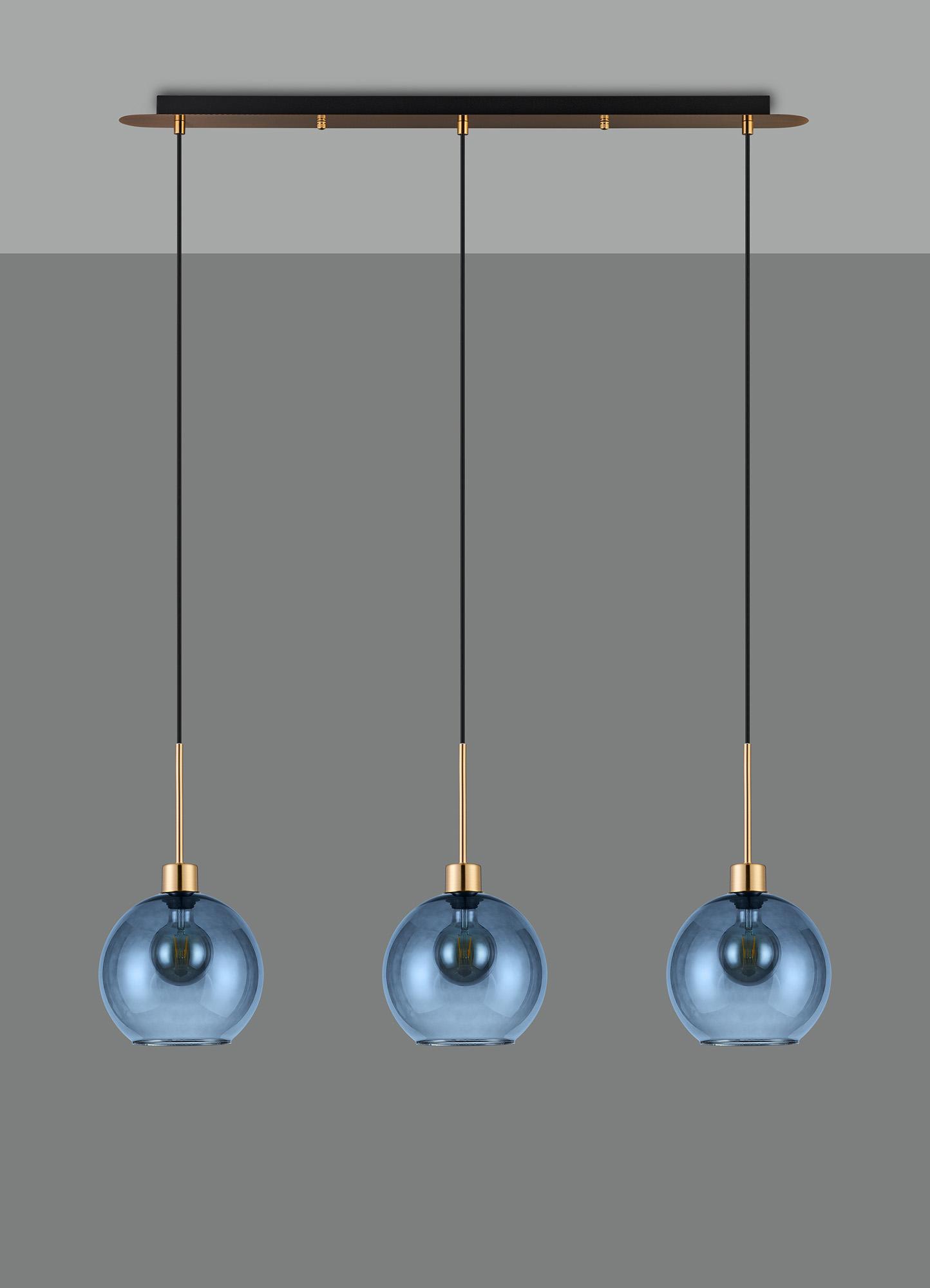 Lori Linear Pendant, 3 Light Adjustable E27, Antique Gold/Blue Open Mouth Round Globe Shades
