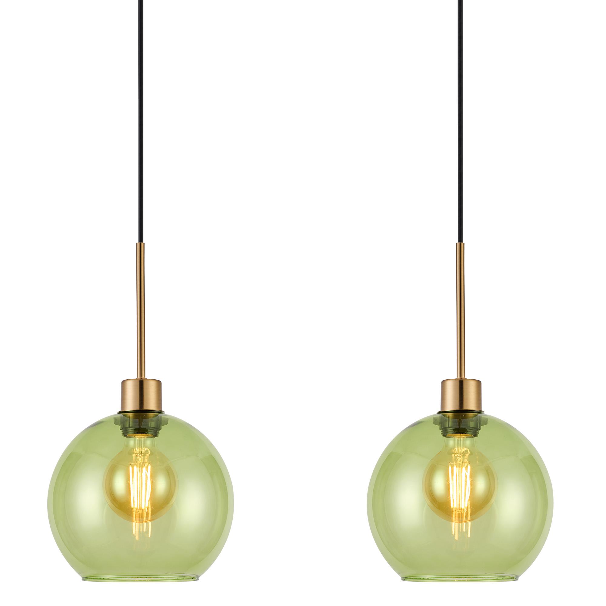 Lori Linear Pendant, 3 Light Adjustable E27, Antique Gold/Green Open Mouth Round Globe Shades