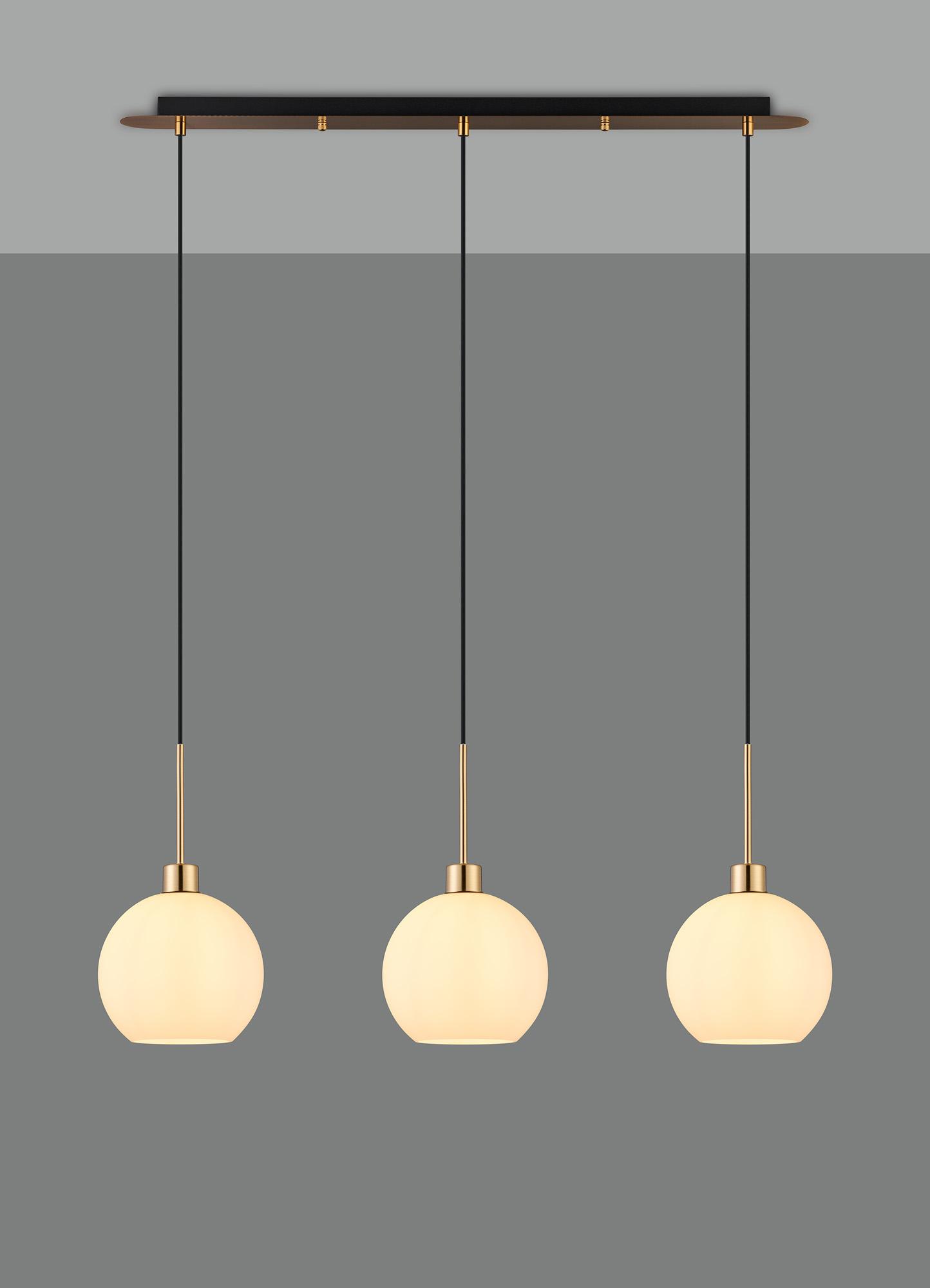 Lori Linear Pendant, 3 Light Adjustable E27, Antique Gold/Opal Open Mouth Round Globe Shades