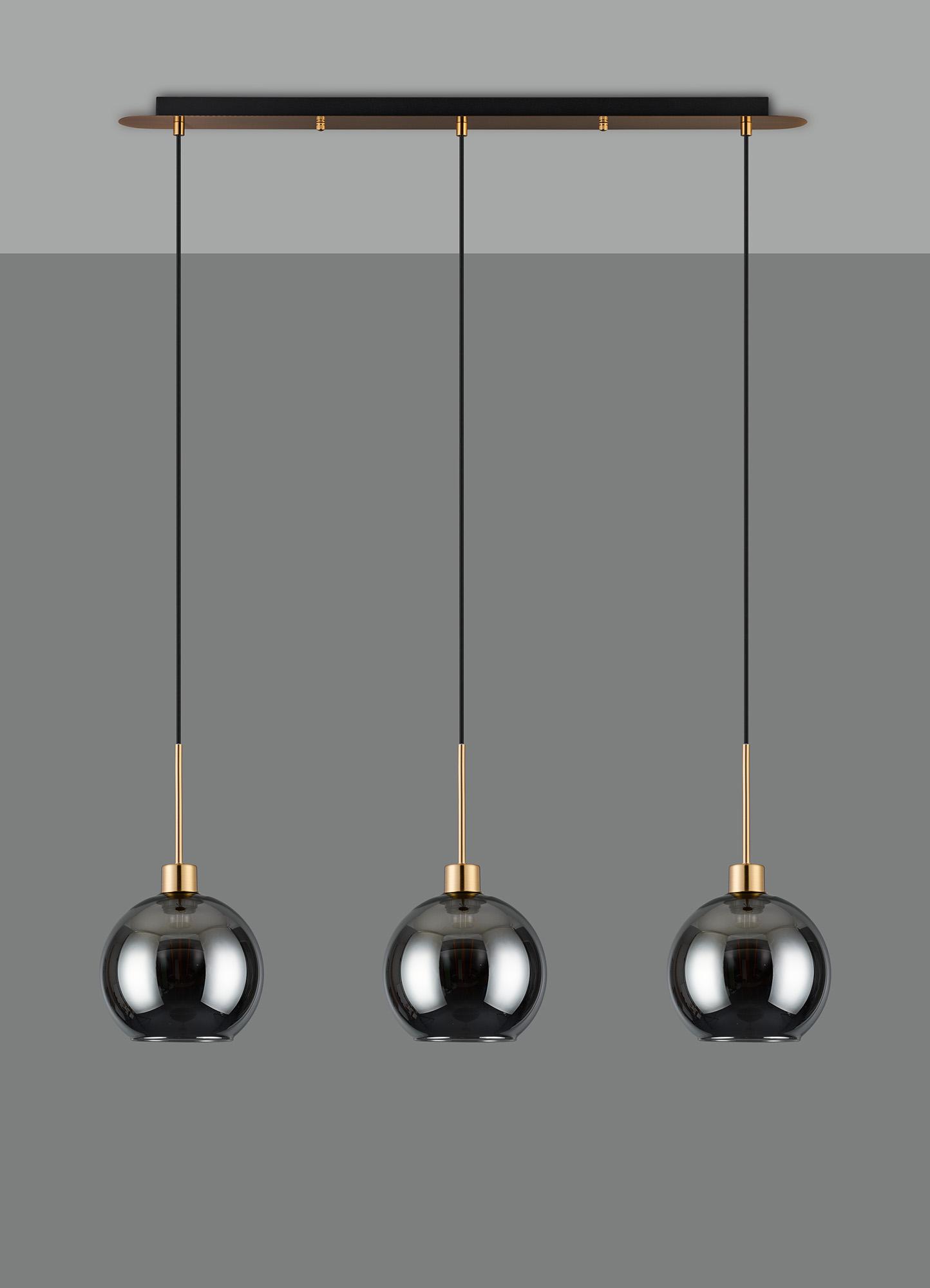Lori Linear Pendant, 3 Light Adjustable E27, Antique Gold/Smoke Open Mouth Round Globe Shades