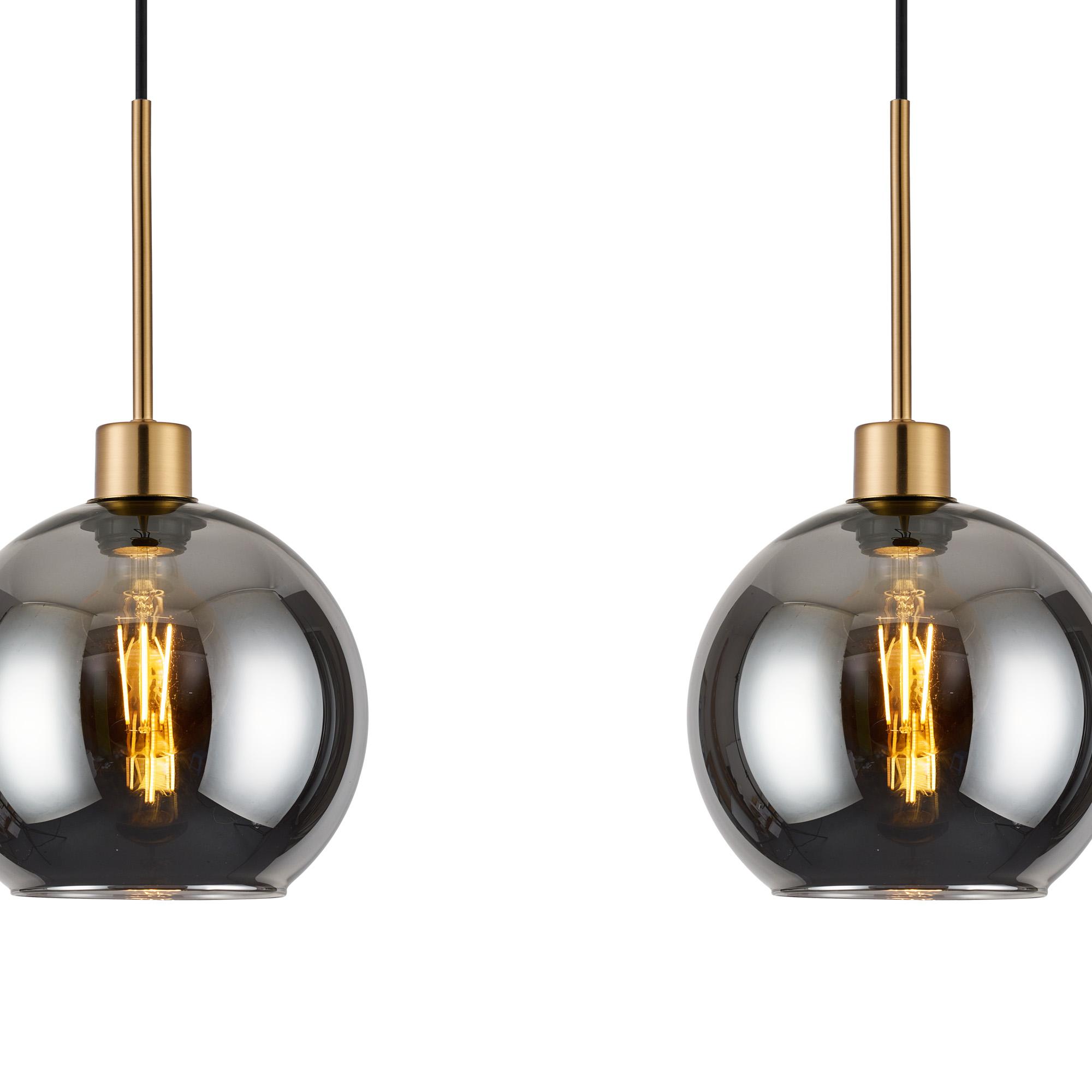Lori Linear Pendant, 3 Light Adjustable E27, Antique Gold/Smoke Open Mouth Round Globe Shades