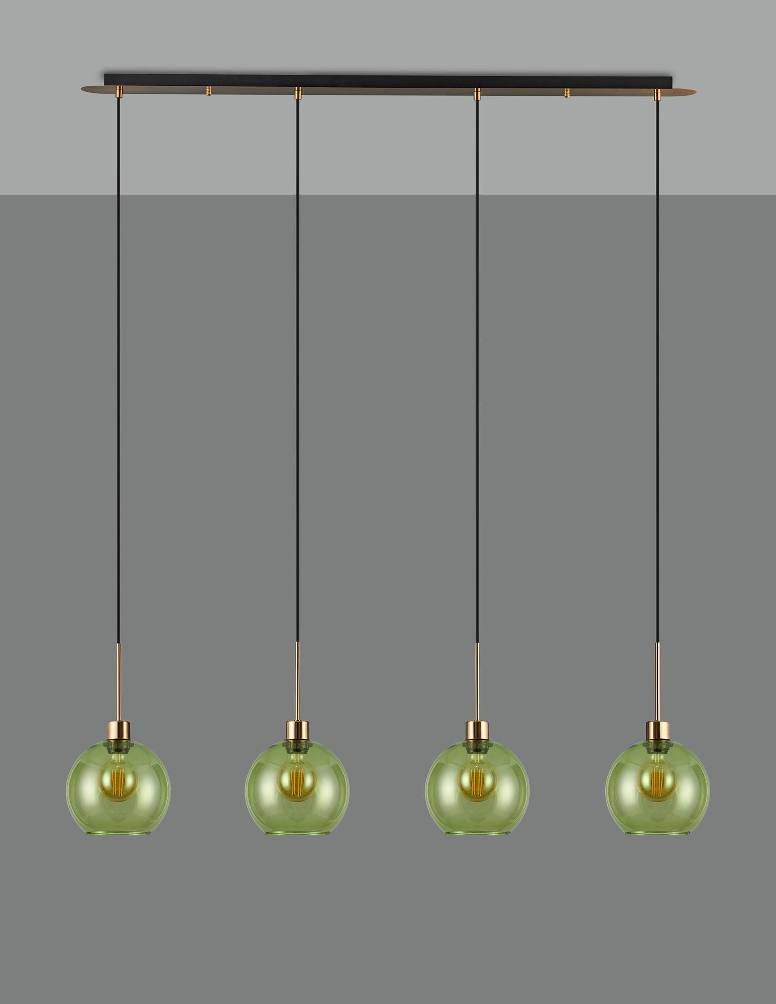 Lori Linear Pendant, 4 Light Adjustable E27, Antique Gold/Green Open Mouth Round Globe Shades