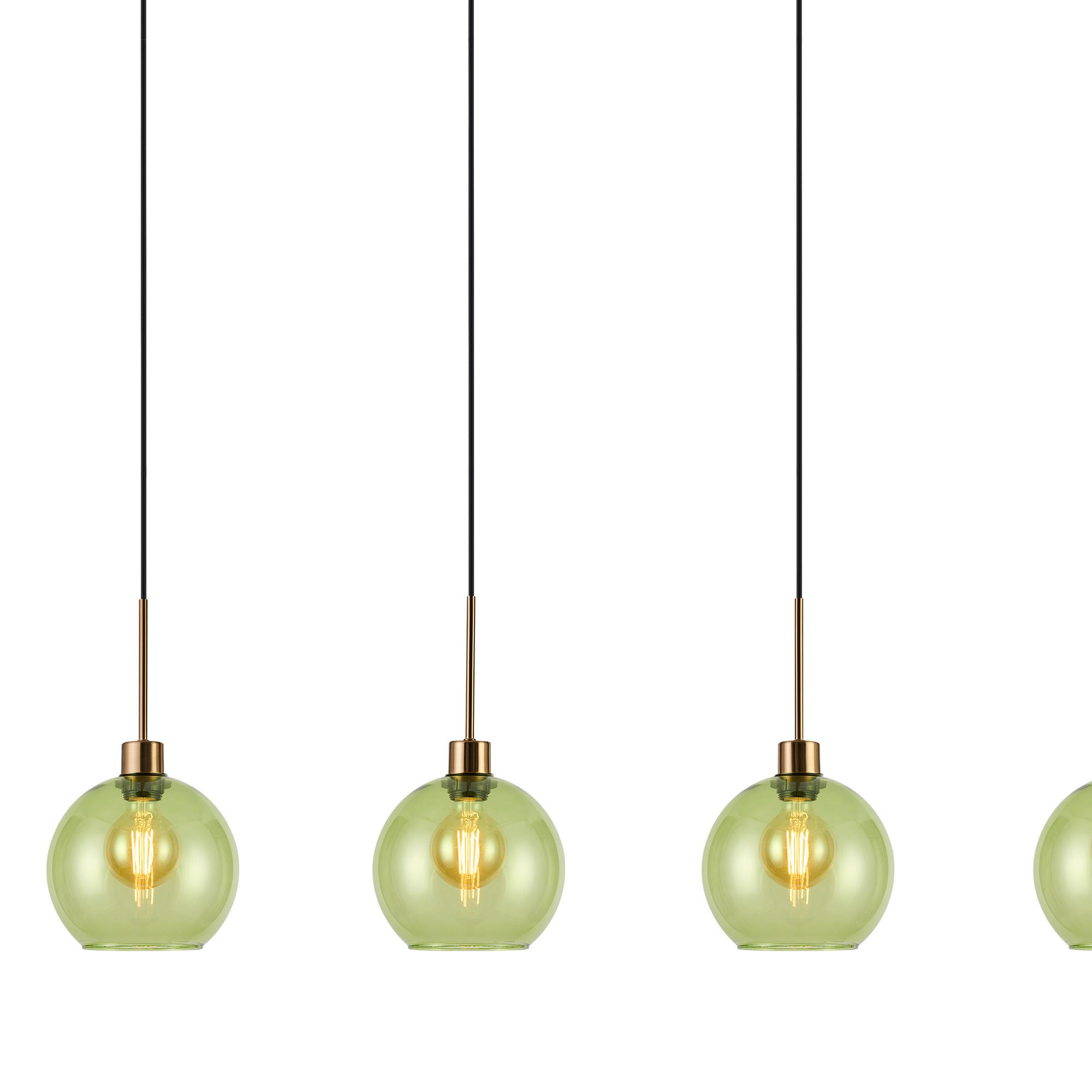 Lori Linear Pendant, 4 Light Adjustable E27, Antique Gold/Green Open Mouth Round Globe Shades