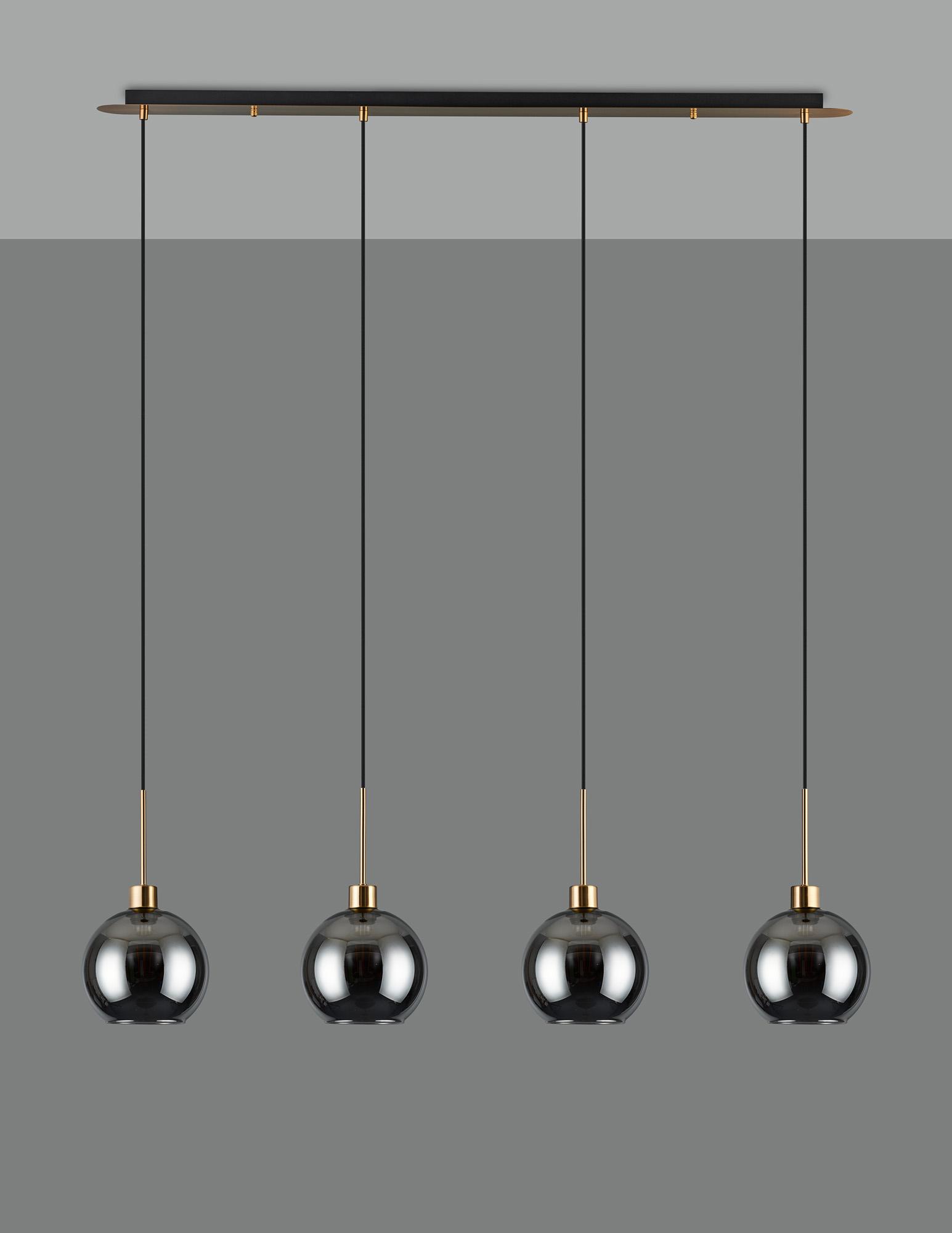 Lori Linear Pendant, 4 Light Adjustable E27, Antique Gold/Smoke Open Mouth Round Globe Shades