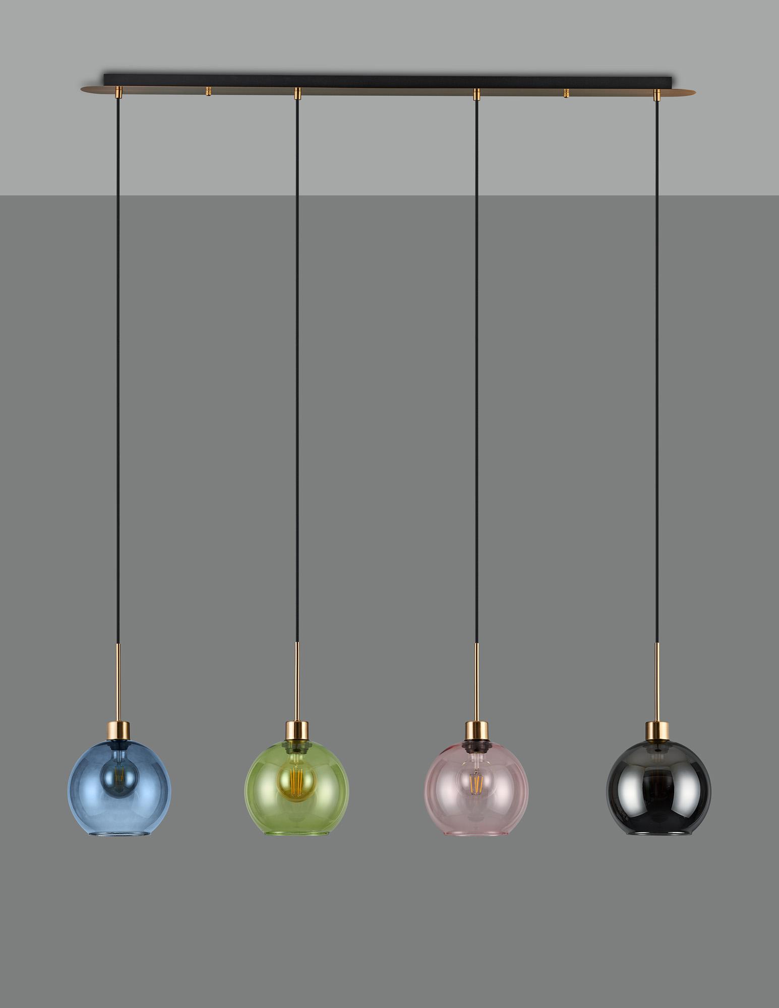 Lori Linear Pendant, 4 Light Adjustable E27, Antique Gold/Blue/Green/Pink/Smoke Open Mouth Round Globe Shades