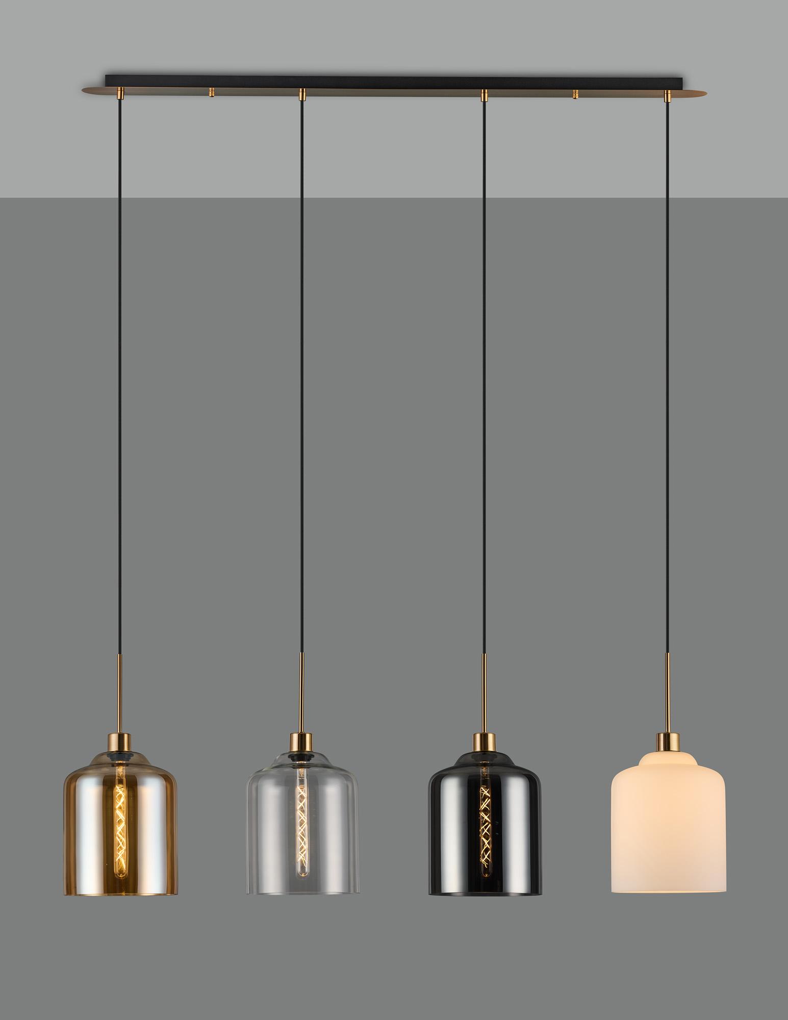Lori Linear Pendant, 4 Light Adjustable E27, Antique Gold/Amber/Clear/Opal/Smoke Conical Cylinder Shades