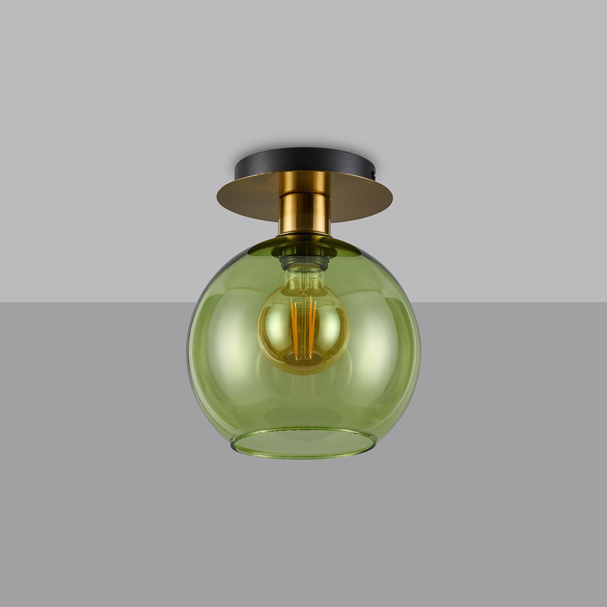 Lori 15cm Round Ceiling Flush, 1 Light Flush Fitting E27, Antique Gold/Green Open Mouth Round Globe Shades