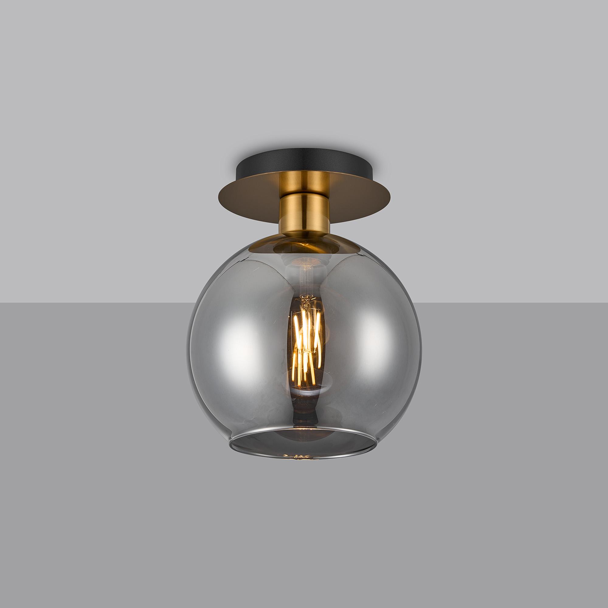 Lori 15cm Round Ceiling Flush, 1 Light Flush Fitting E27, Antique Gold/Smoke Open Mouth Round Globe Shades